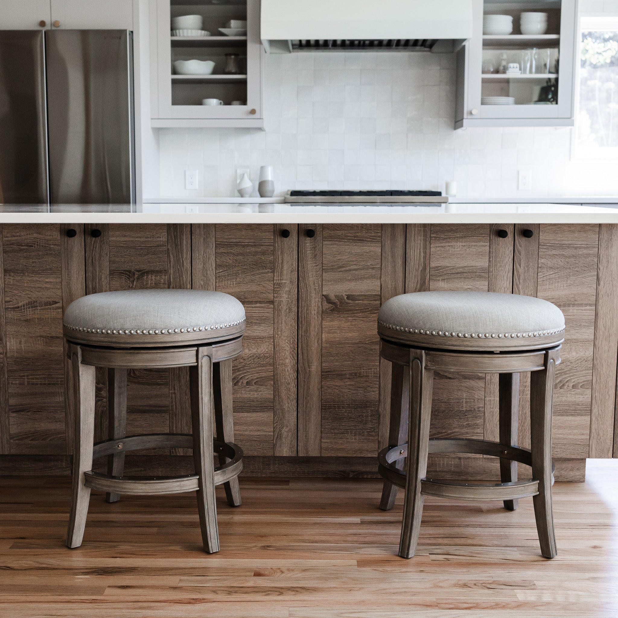 Alexander Backless Counter Stool in Reclaimed Oak Finish with Ash Grey Fabric Upholstery in Stools by Maven Lane
