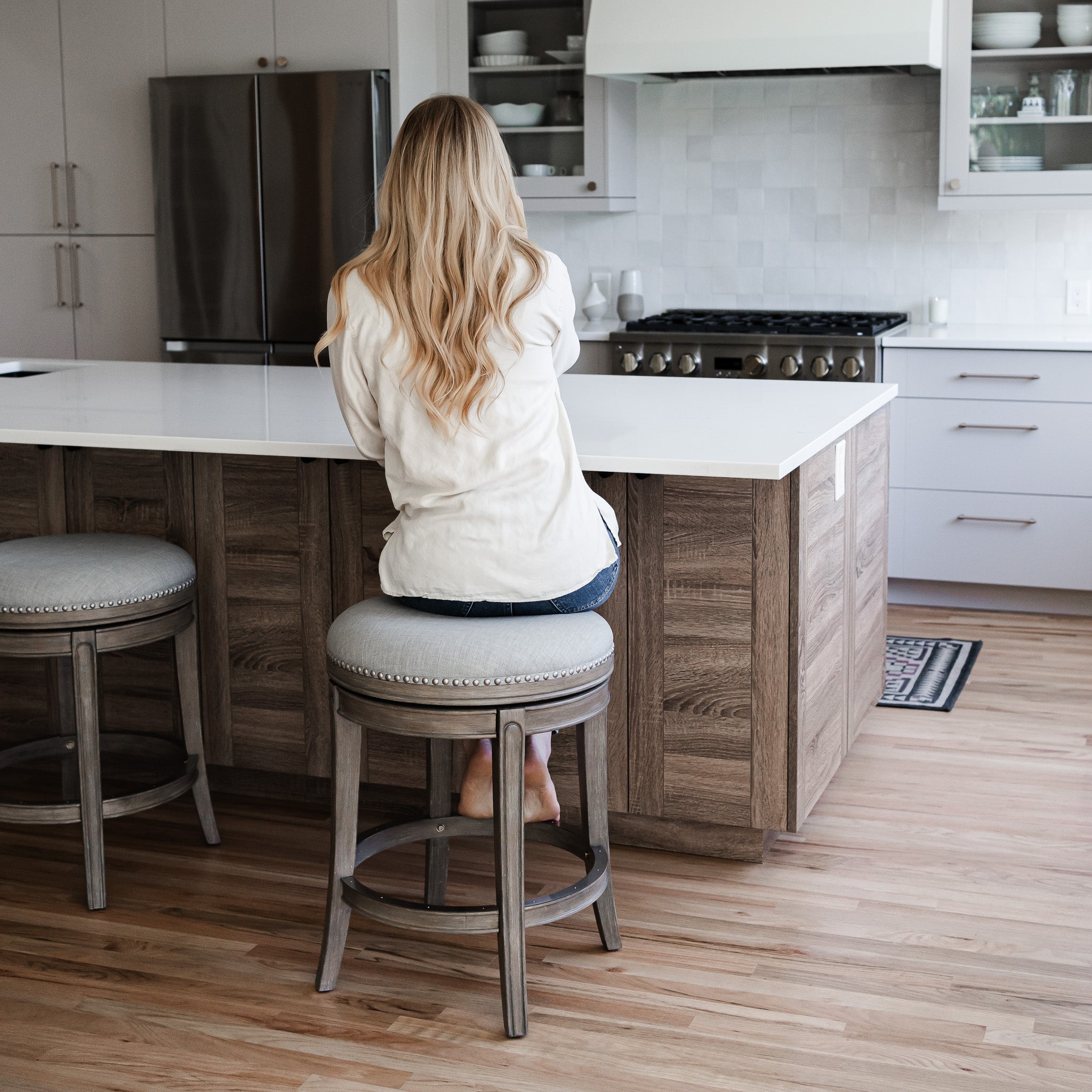 26" Alexander Backless Counter Stool in Grey Finish with Grey Fabric Upholstery in Stools by Maven Lane