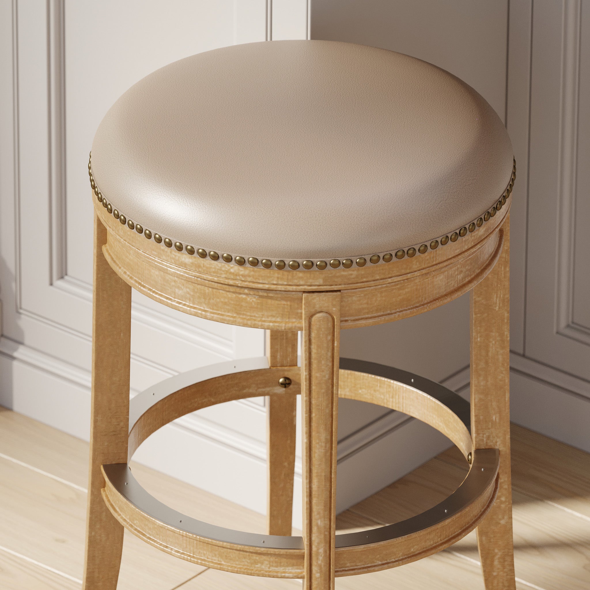 31" Alexander Backless Bar Stool in Brown Finish with Beige Faux Leather Upholstery in Stools by Maven Lane