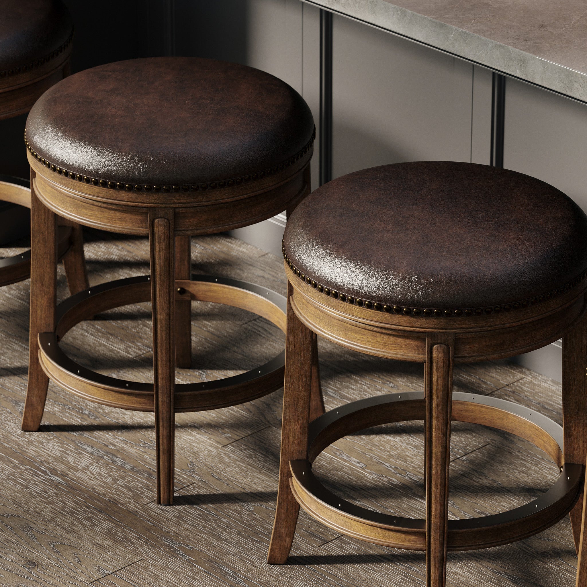 26" Alexander Backless Counter Stool in Brown Finish with Brown Faux Leather Upholstery in Stools by Maven Lane