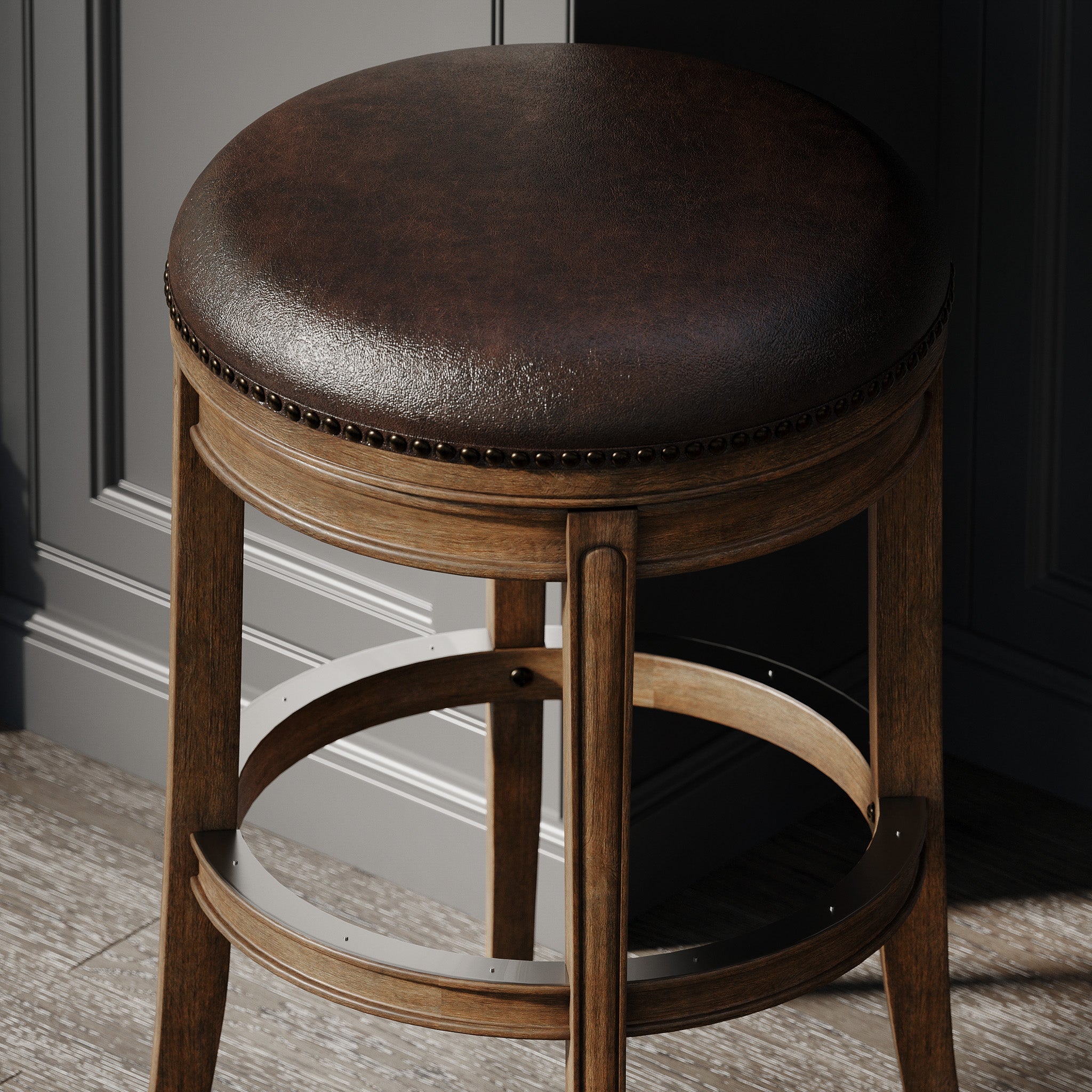 31" Alexander Backless Bar Stool in Brown Finish with Brown Faux Leather Upholstery in Stools by Maven Lane