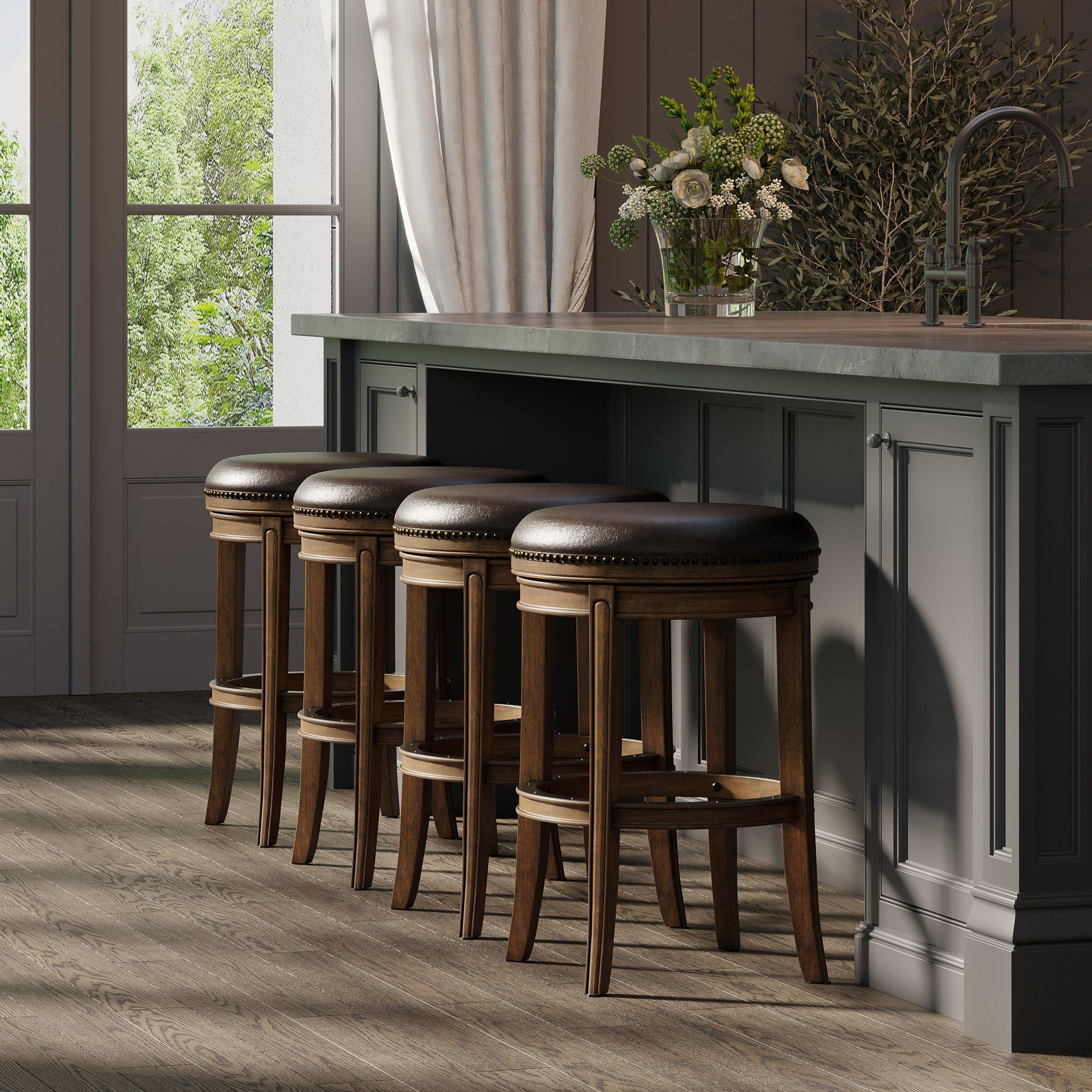 31" Alexander Backless Bar Stool in Brown Finish with Brown Faux Leather Upholstery in Stools by Maven Lane