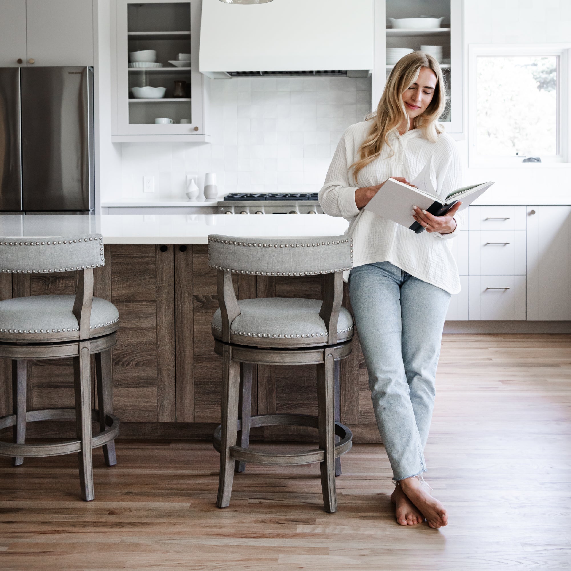 Alexander Counter Stool in Grey Finish with Grey Fabric Upholstery in Stools by Maven Lane