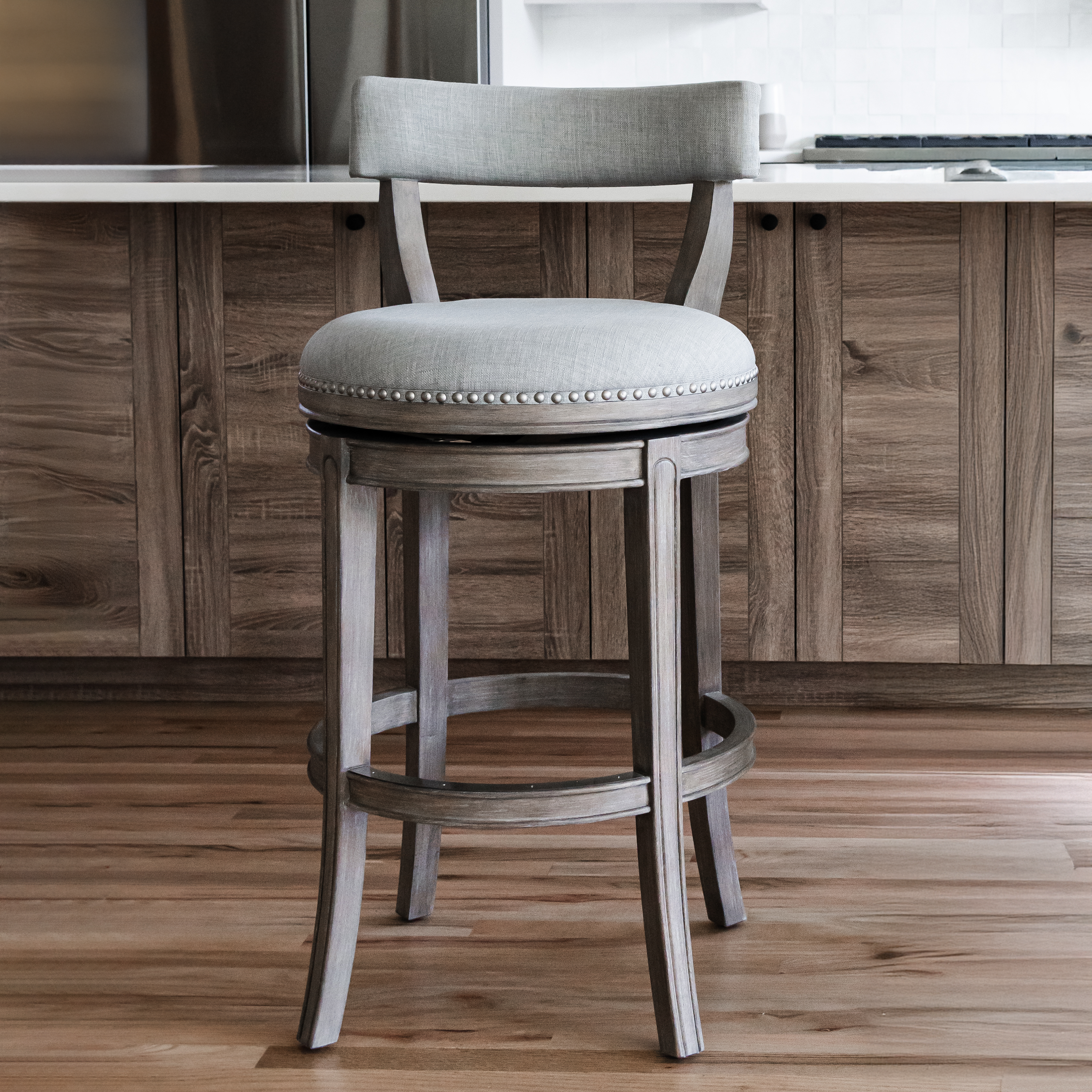 Alexander Bar Stool in Grey Finish with Grey Fabric Upholstery in Stools by Maven Lane