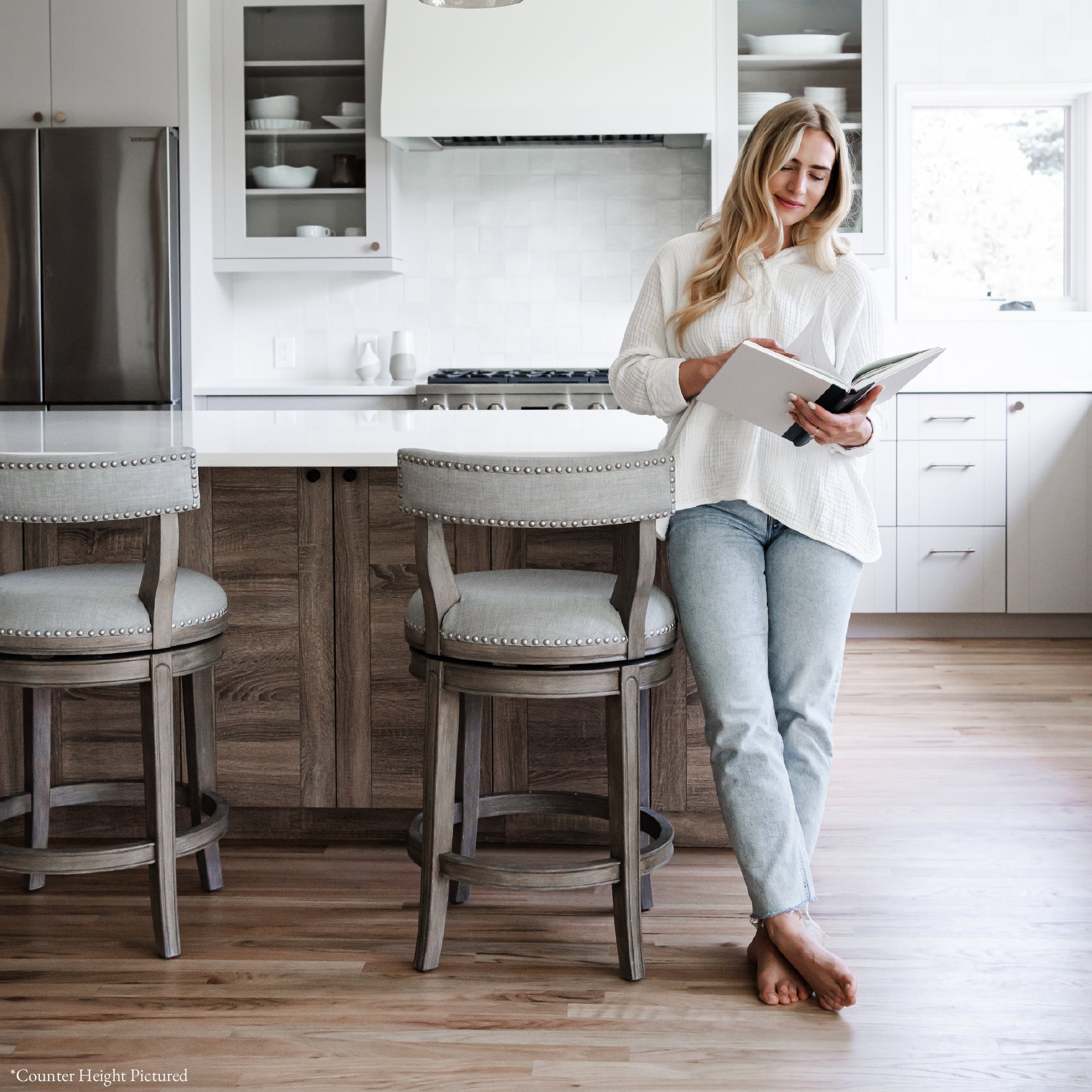 Alexander Bar Stool in Grey Finish with Grey Fabric Upholstery in Stools by Maven Lane