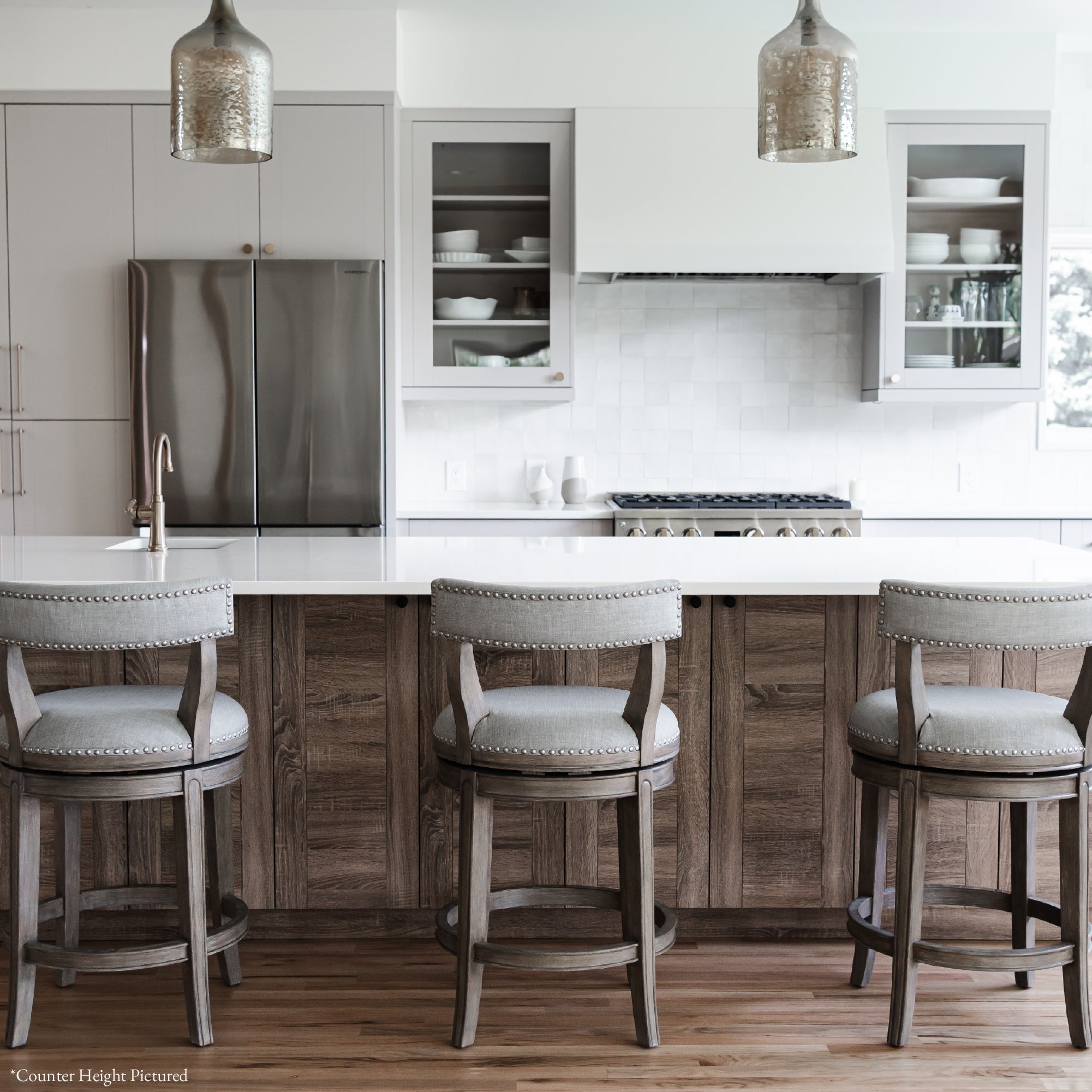 Alexander Bar Stool in Grey Finish with Grey Fabric Upholstery in Stools by Maven Lane