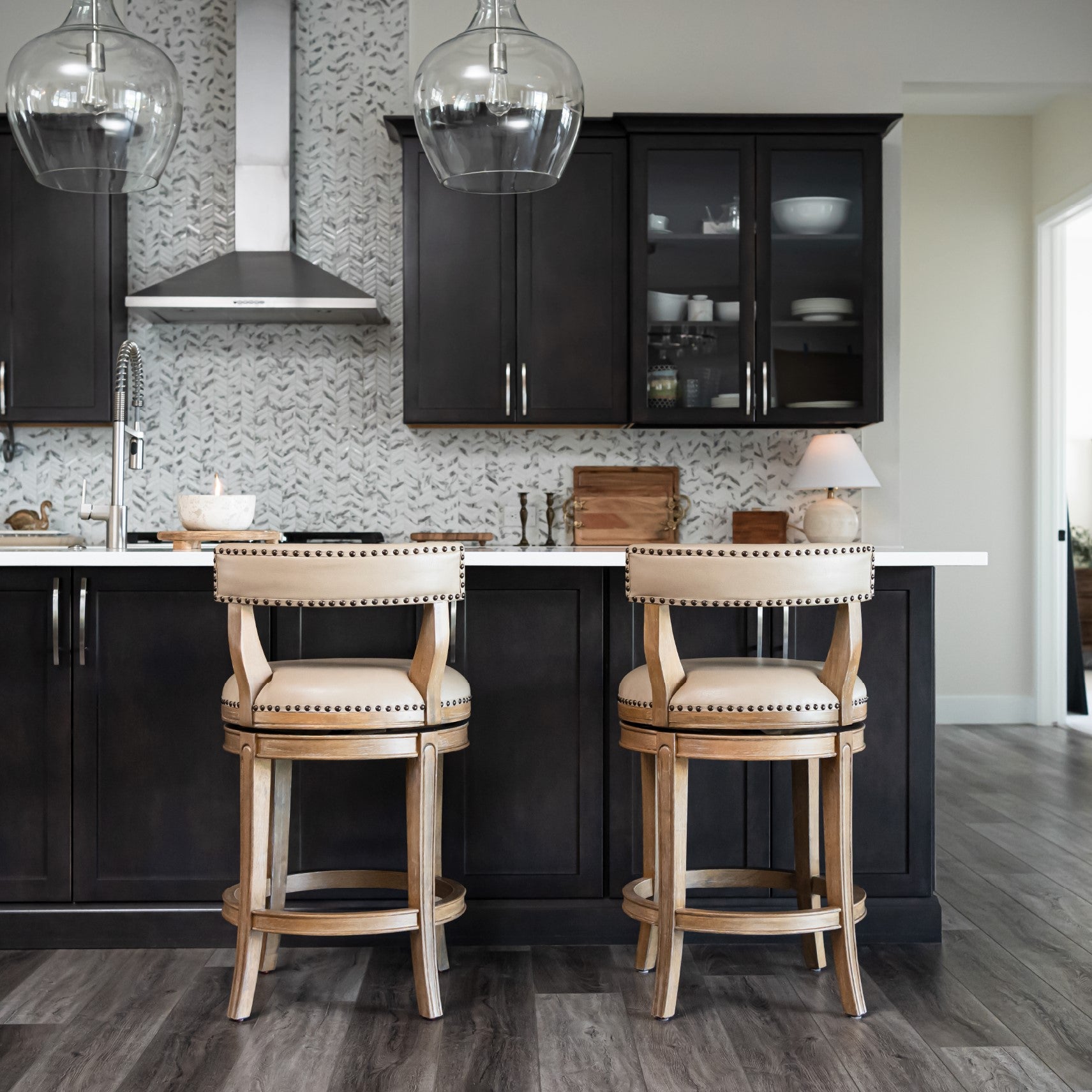 Alexander Counter Stool in Brown Finish with Beige Faux Leather Upholstery in Stools by Maven Lane
