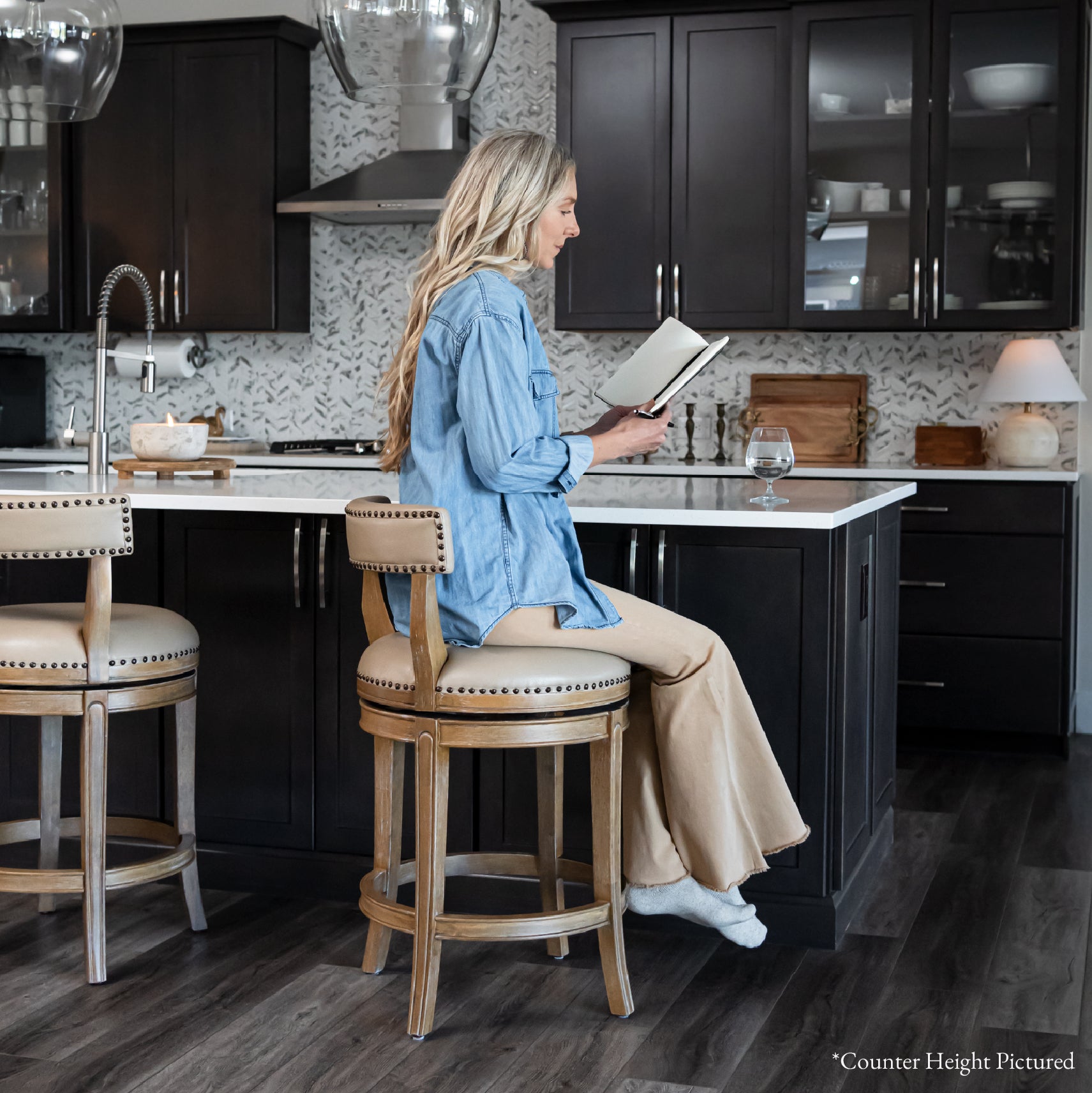 Alexander Bar Stool in Brown Finish with Beige Faux Leather Upholstery in Stools by Maven Lane