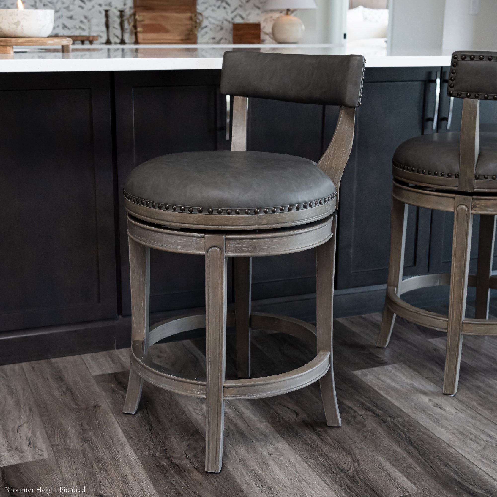 Alexander Bar Stool in Grey Finish with Grey Faux Leather Upholstery in Stools by Maven Lane