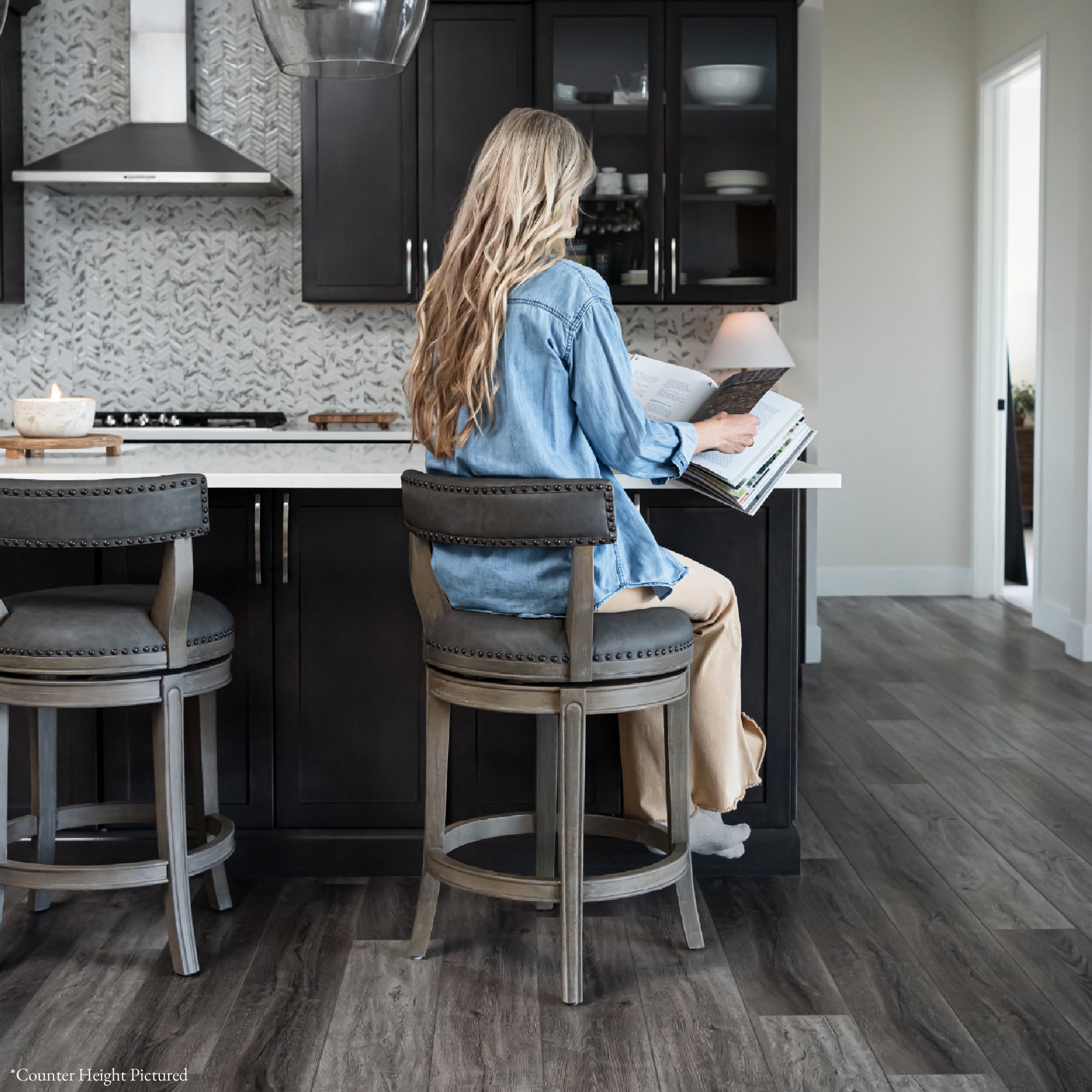 Alexander Bar Stool in Grey Finish with Grey Faux Leather Upholstery in Stools by Maven Lane