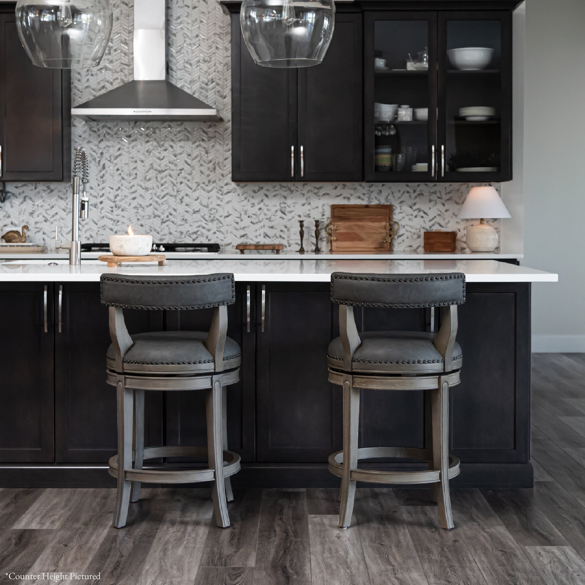 31" Alexander Bar Stool in Grey Finish with Grey Faux Leather Upholstery (Set of 4) in Stools by Maven Lane