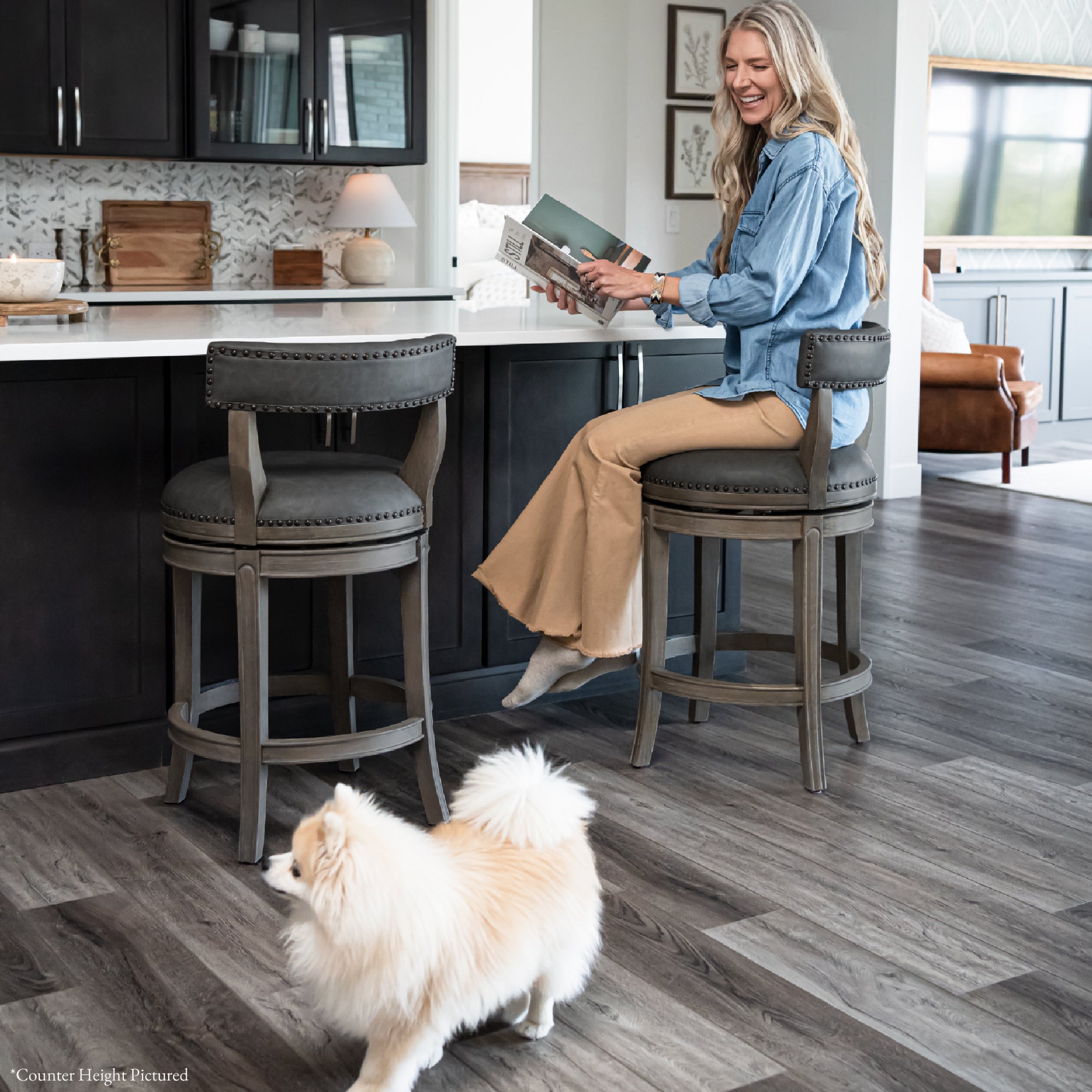 31" Alexander Bar Stool in Grey Finish with Grey Faux Leather Upholstery (Set of 4) in Stools by Maven Lane