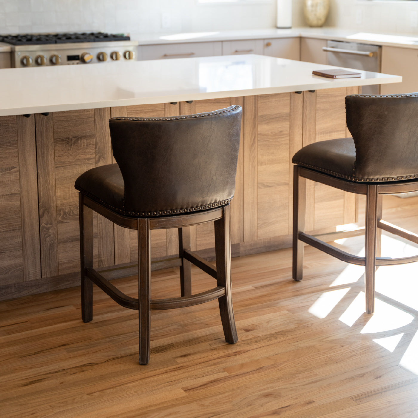 Hugo Counter Stool in Brown Finish with Dark Brown Faux Leather Upholstery in Stools by Maven Lane