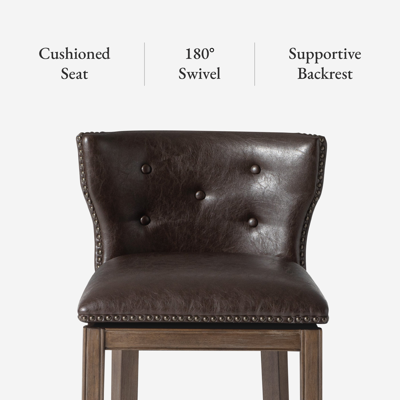 Hugo Bar Stool in Brown Finish with Dark Brown Faux Leather Upholstery in Stools by Maven Lane