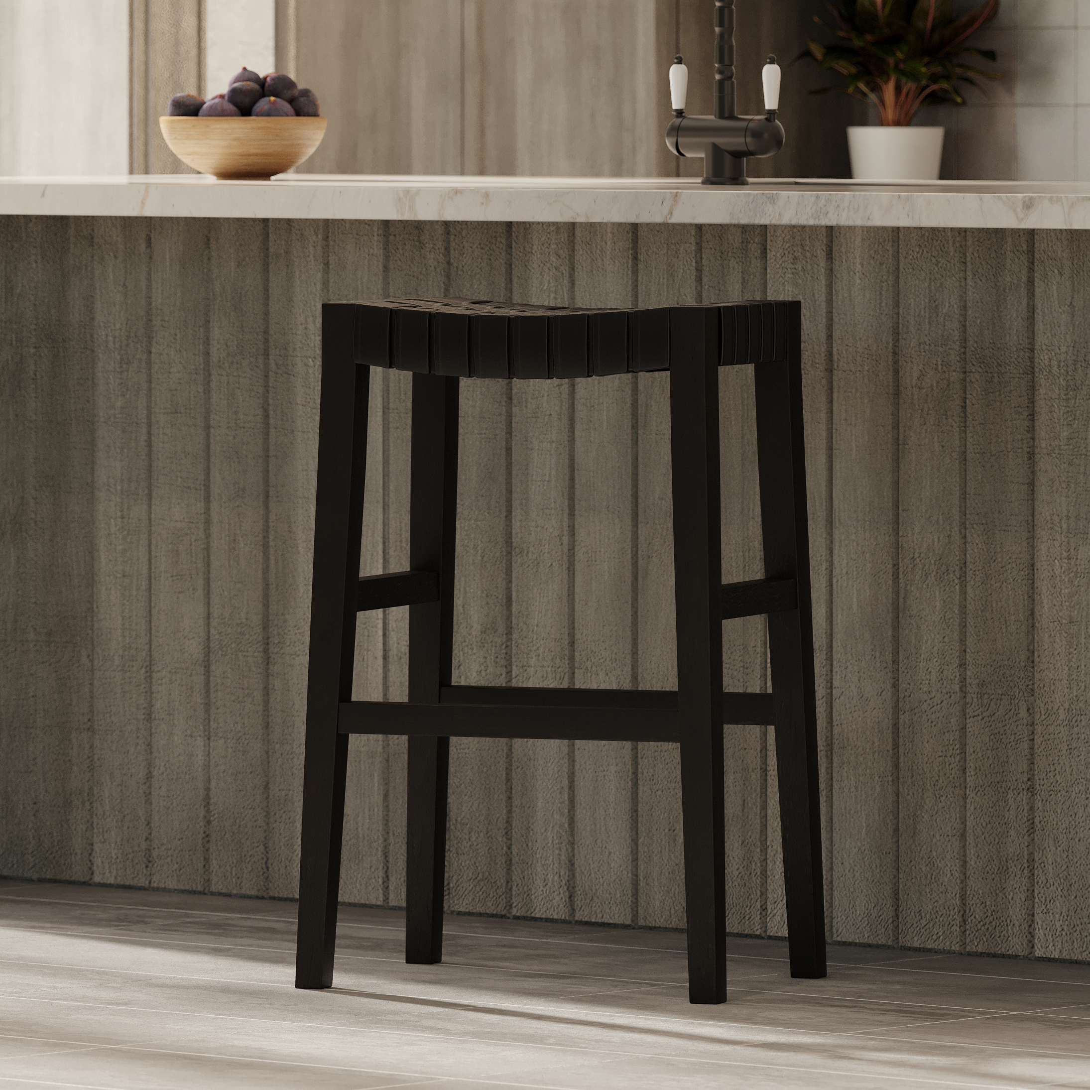 Emerson Bar Stool In Weathered Brown Wood Finish With Marksman Saddle Vegan Leather in Stools by Maven Lane
