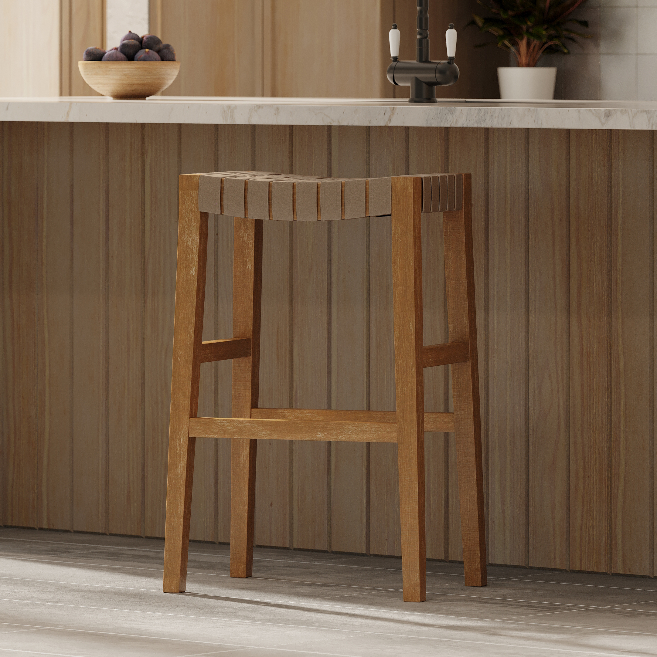 Emerson Bar Stool In Weathered Natural Wood Finish With Avanti Bone Vegan Leather in Stools by Maven Lane