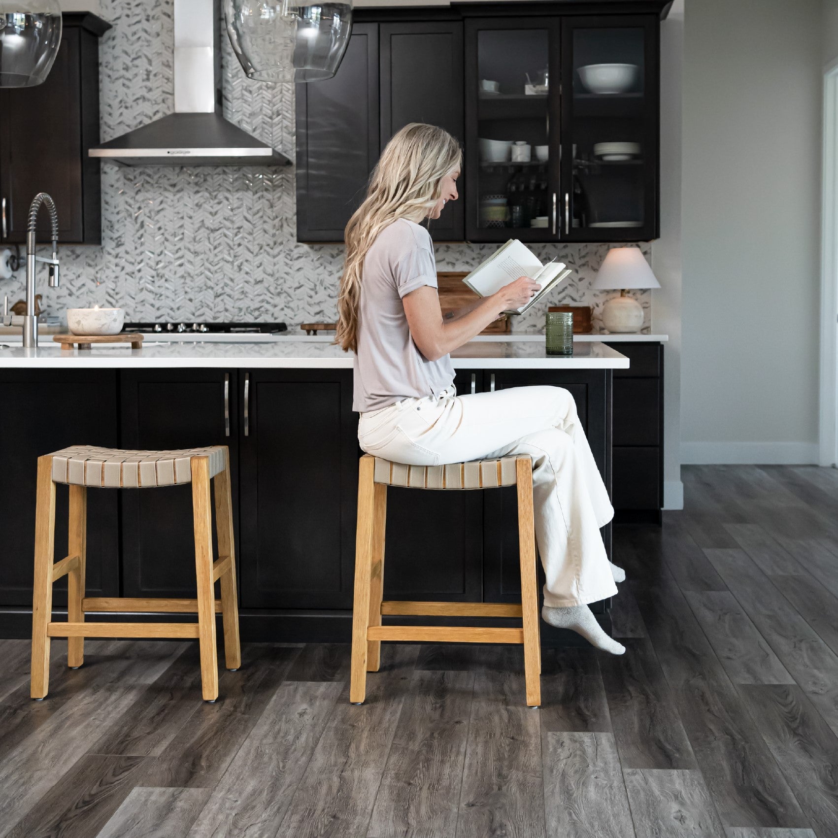 26" Emerson Counter Stool in Warm Oak Finish & Beige Woven Leather Seat in Stools by Maven Lane