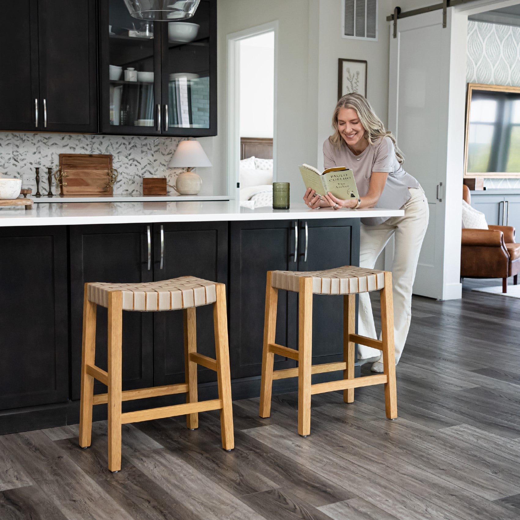 26" Emerson Counter Stool in Warm Oak Finish & Beige Woven Leather Seat in Stools by Maven Lane