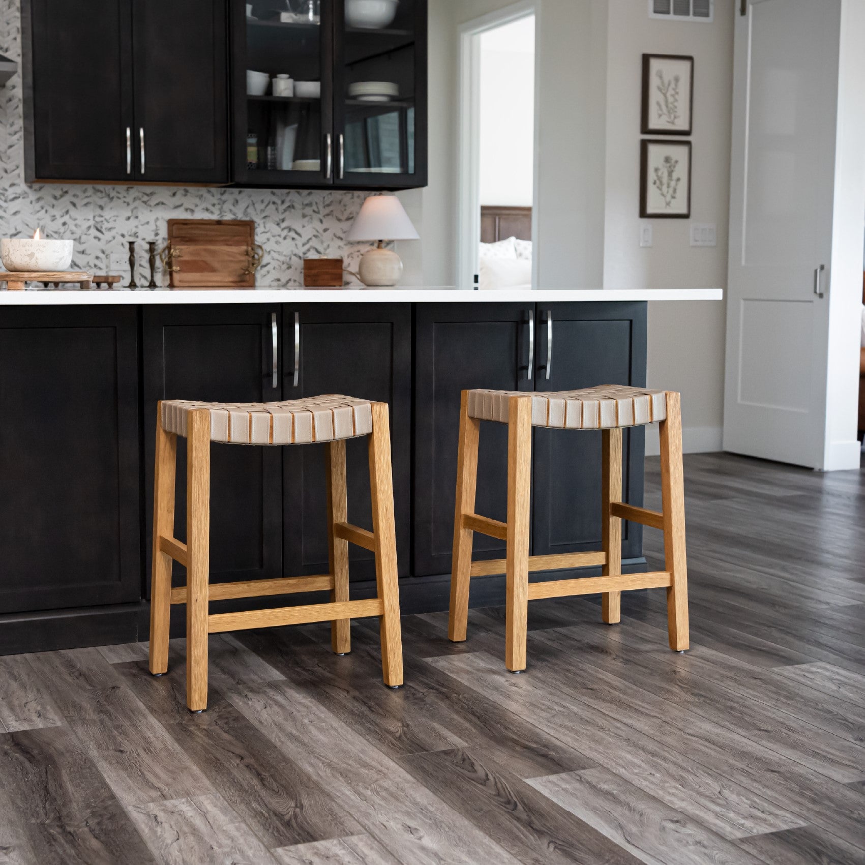 26" Emerson Counter Stool in Warm Oak Finish & Beige Woven Leather Seat in Stools by Maven Lane
