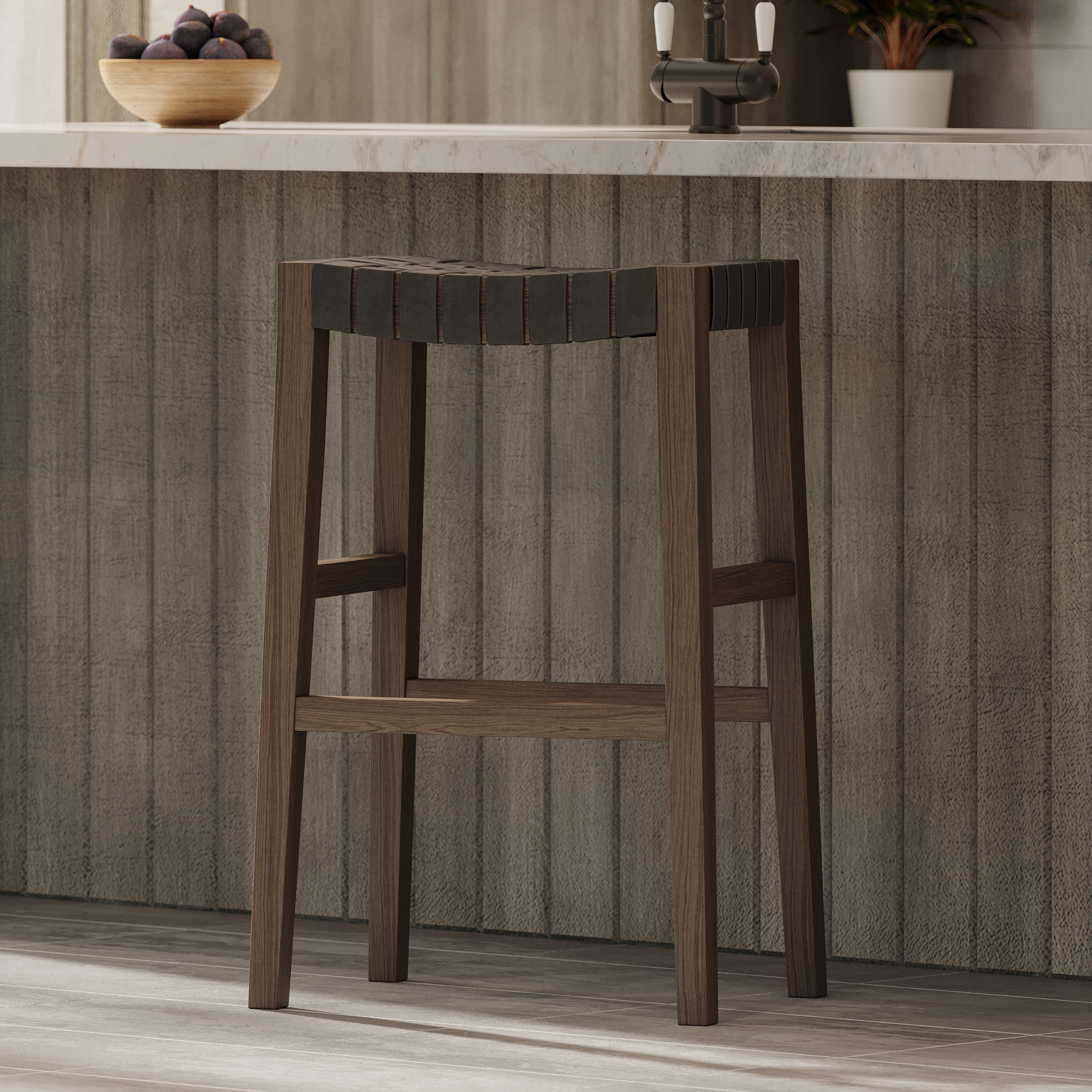 Emerson Bar Stool In Weathered Grey Wood Finish With Ronan Stone Vegan Leather in Stools by Maven Lane