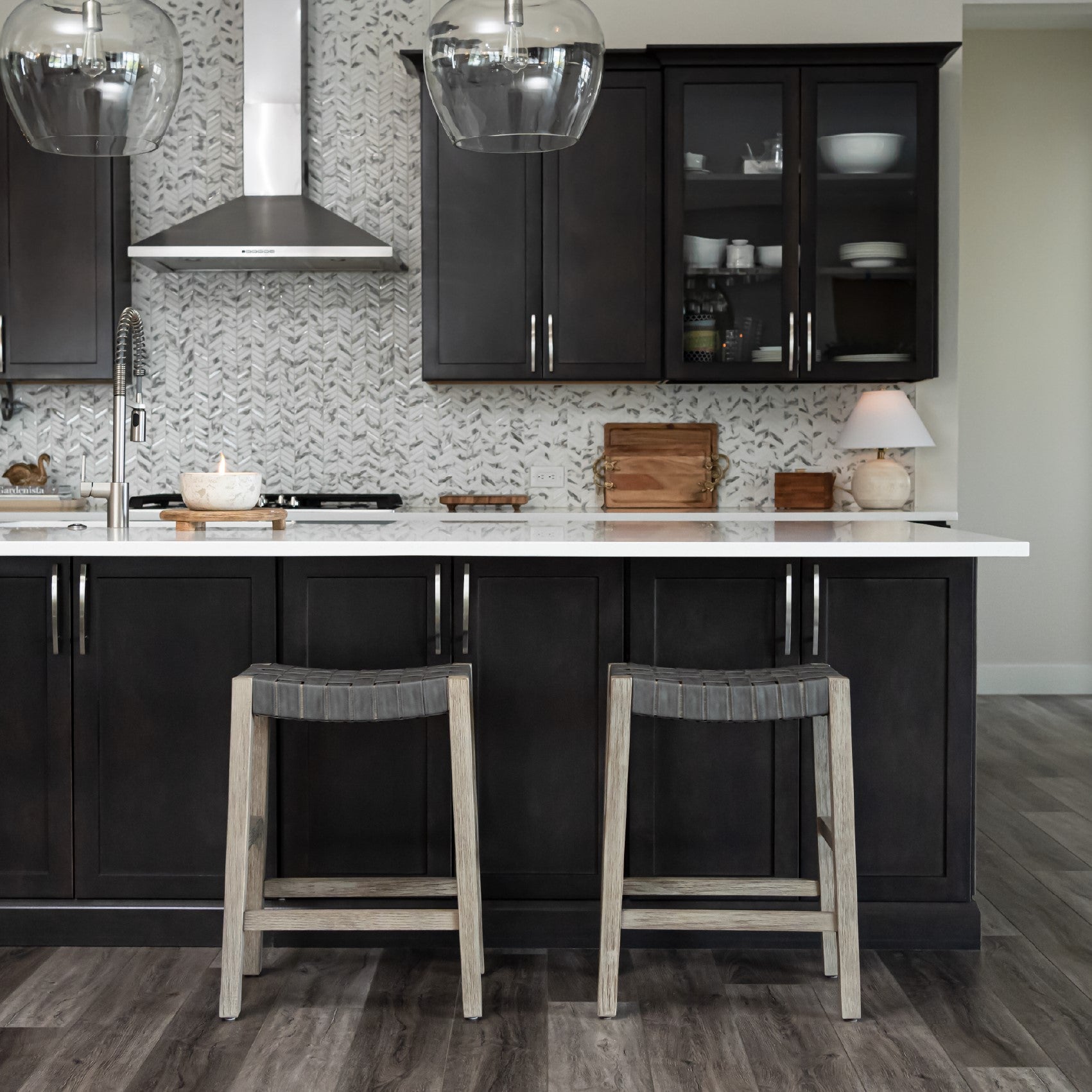 26" Emerson Counter Stool In Grey Finish & Grey Woven Leather Seat (Set of 3) in Stools by Maven Lane