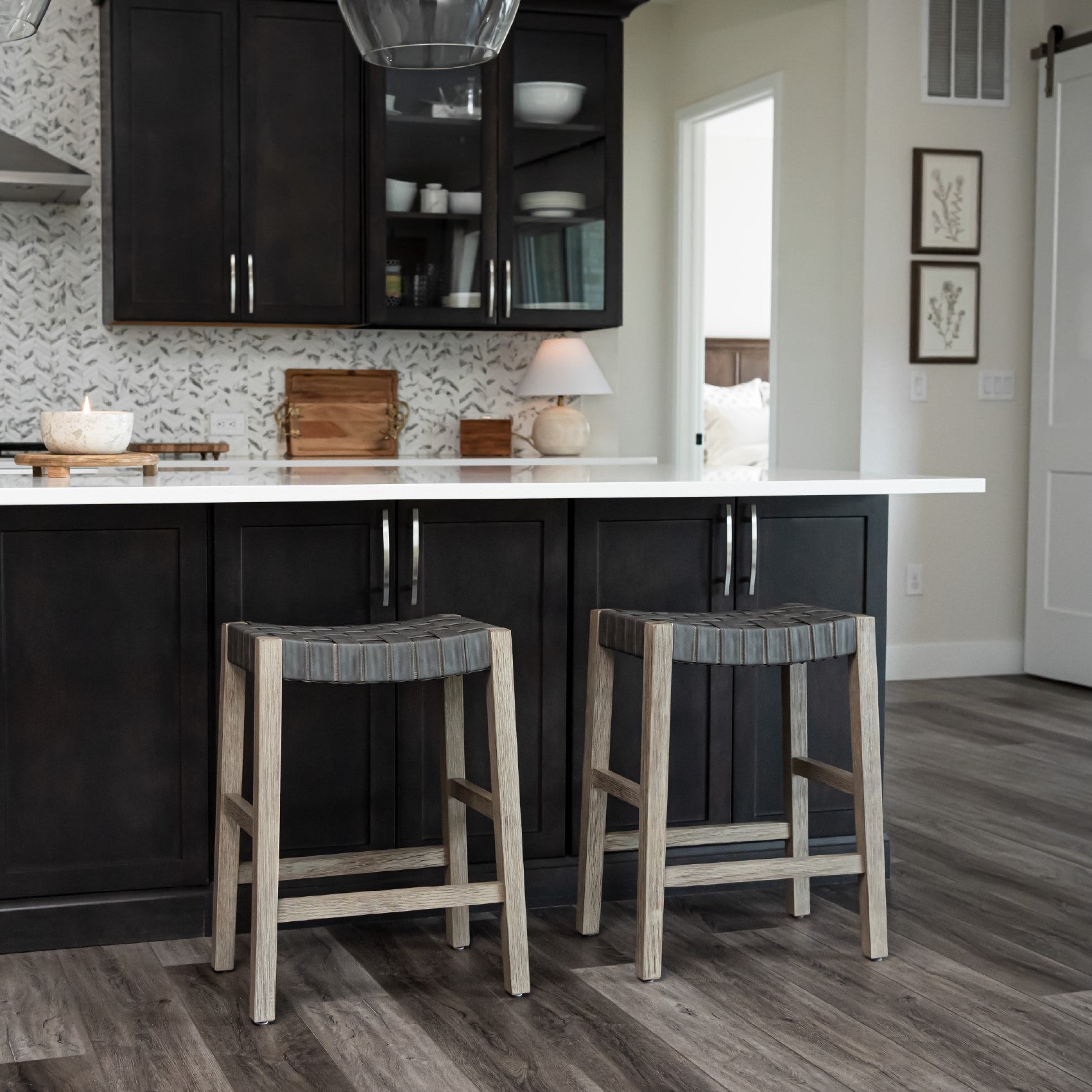 26" Emerson Counter Stool In Grey Finish & Grey Woven Leather Seat in Stools by Maven Lane