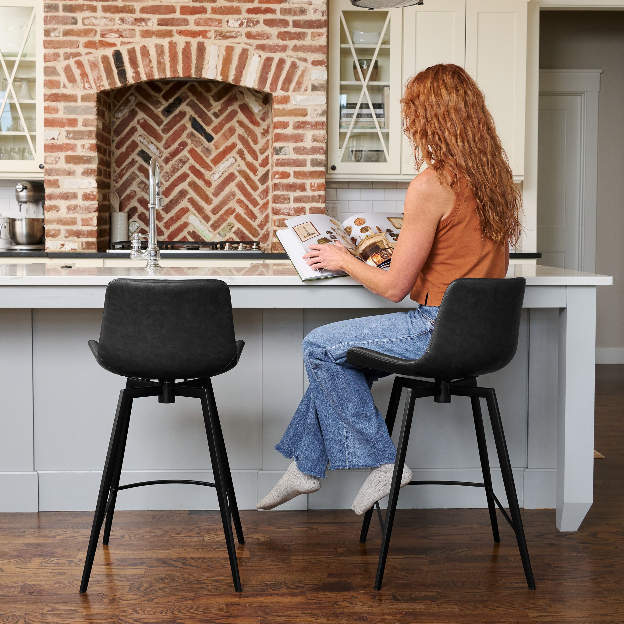 26" Victor Counter Stool in Black Finish with Dark Grey Faux Leather (Set of 4) in Stools by Maven Lane