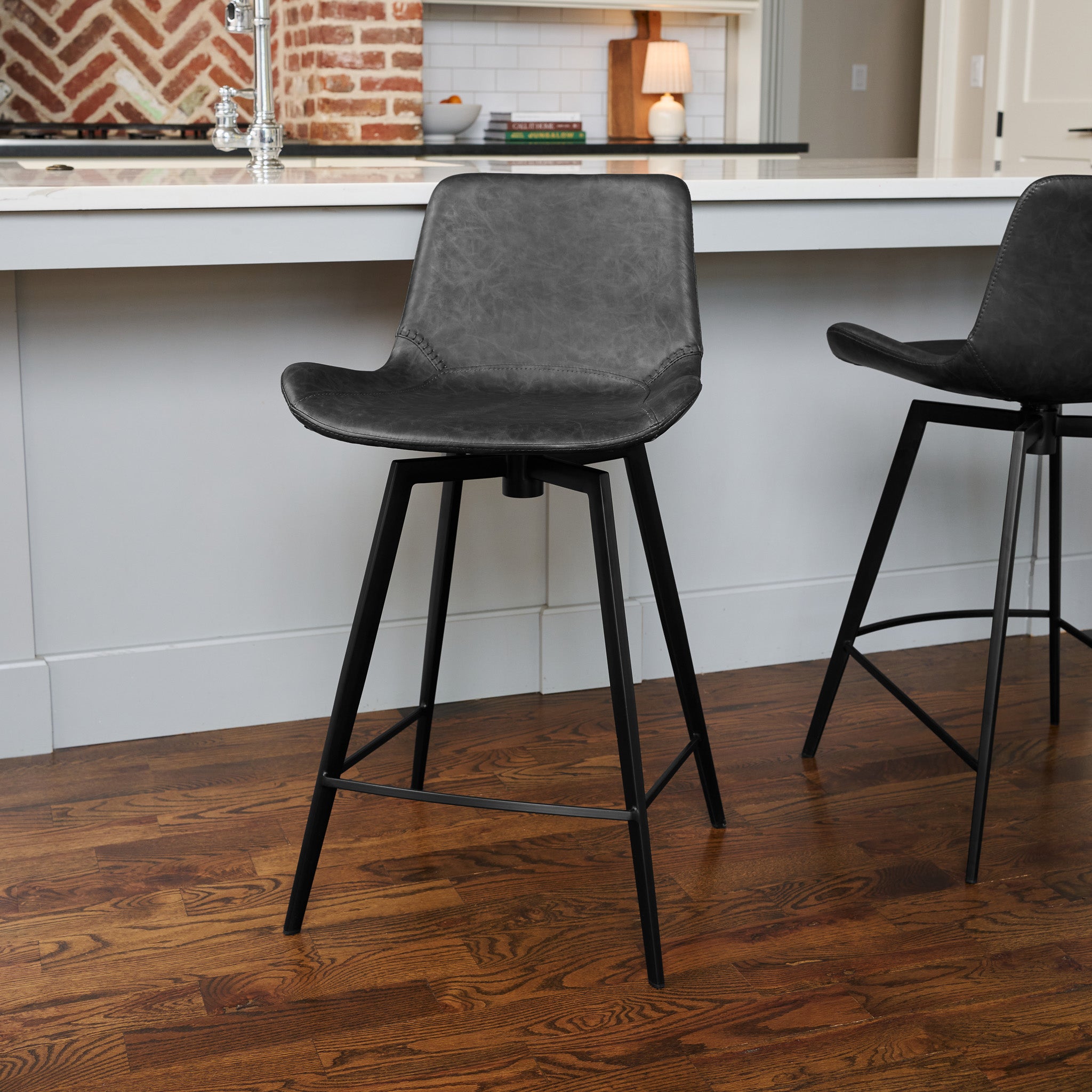 Victor Counter Stool in Black Finish with Dark Grey Faux Leather in Stools by Maven Lane