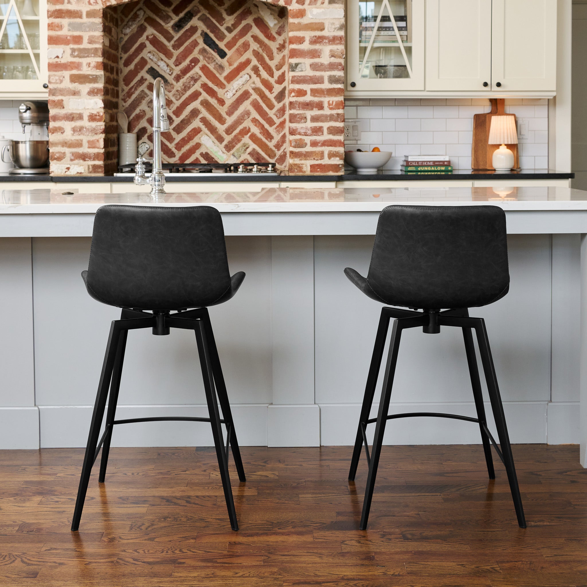 Victor Counter Stool in Black Finish with Dark Grey Faux Leather in Stools by Maven Lane