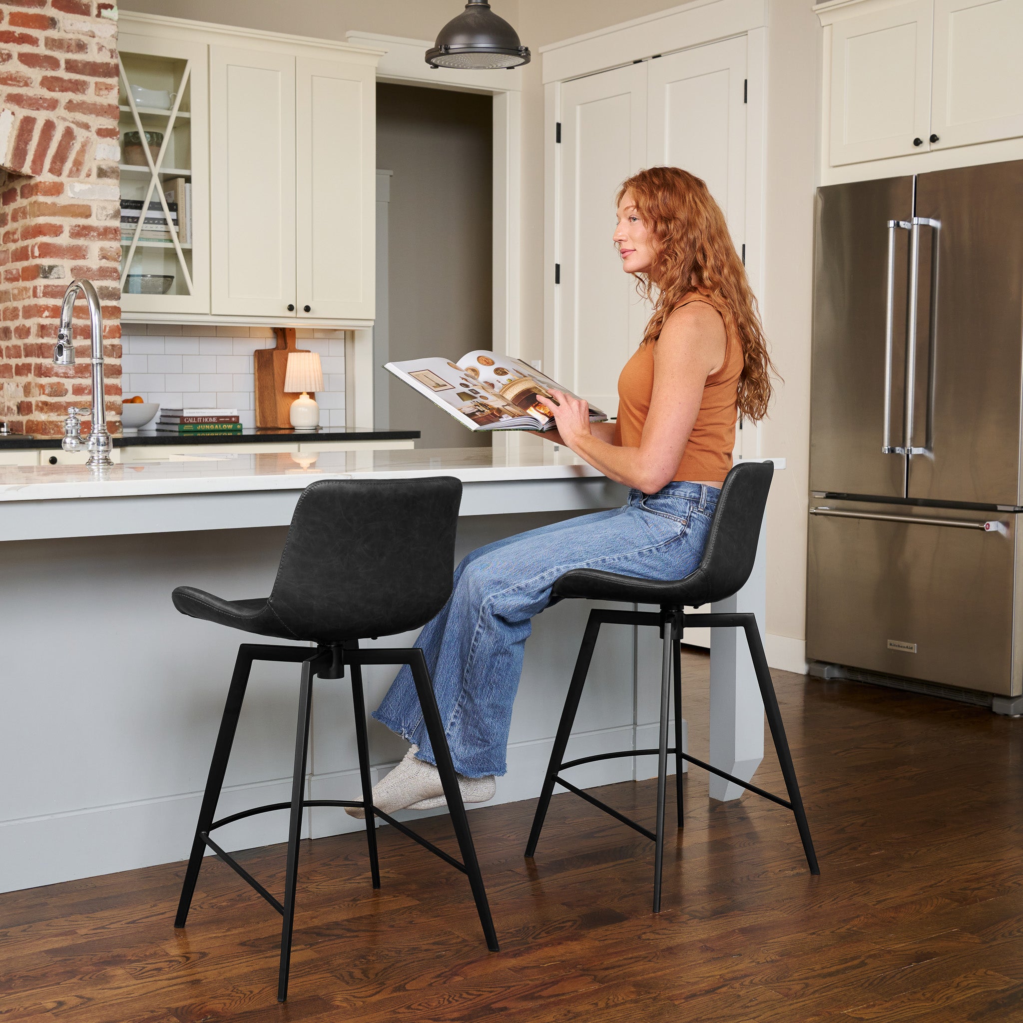 26" Victor Counter Stool in Black Finish with Dark Grey Faux Leather (Set of 4) in Stools by Maven Lane