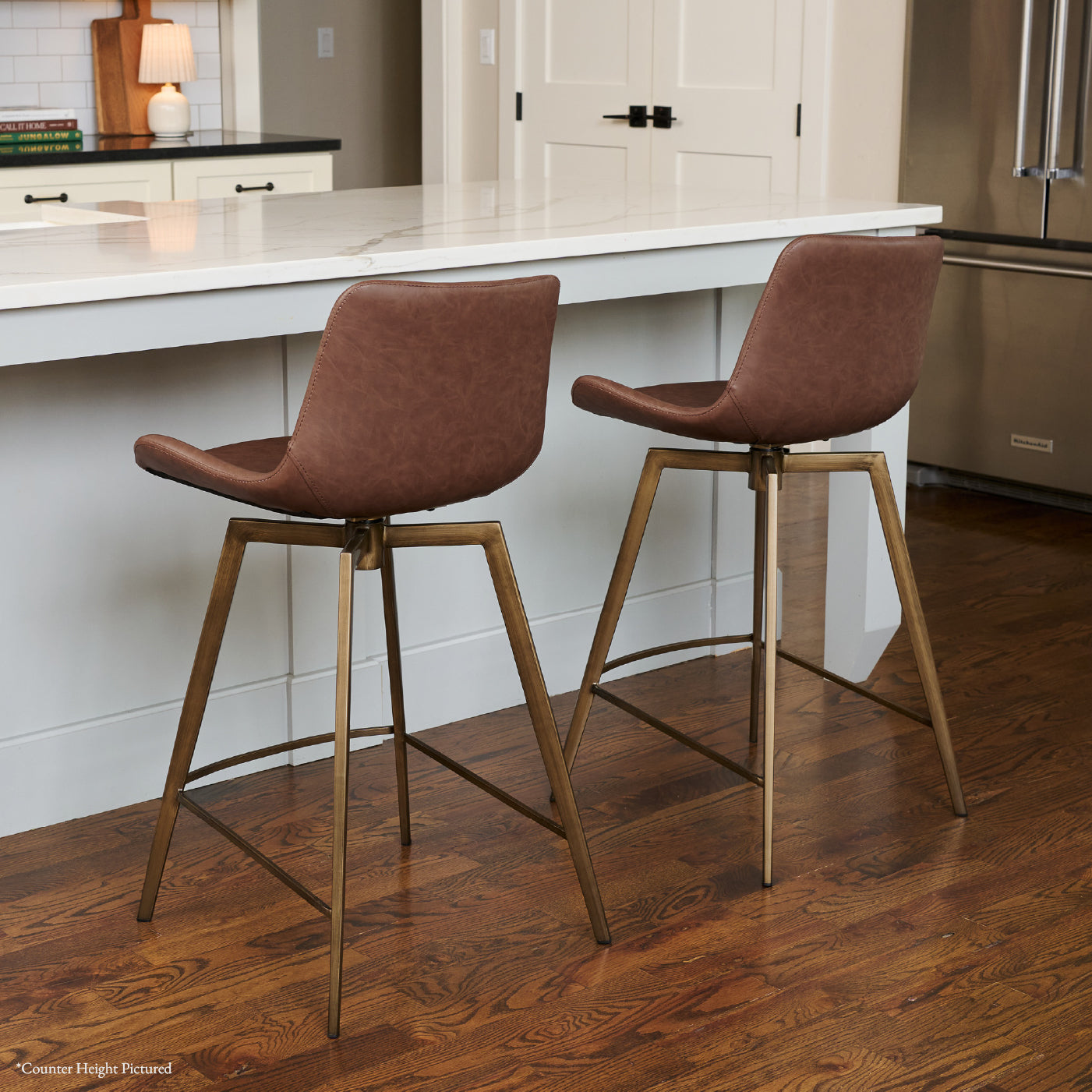 30" Victor Bar Stool in Aged Gold Finish with Brown Faux Leather (Set of 4) in Stools by Maven Lane