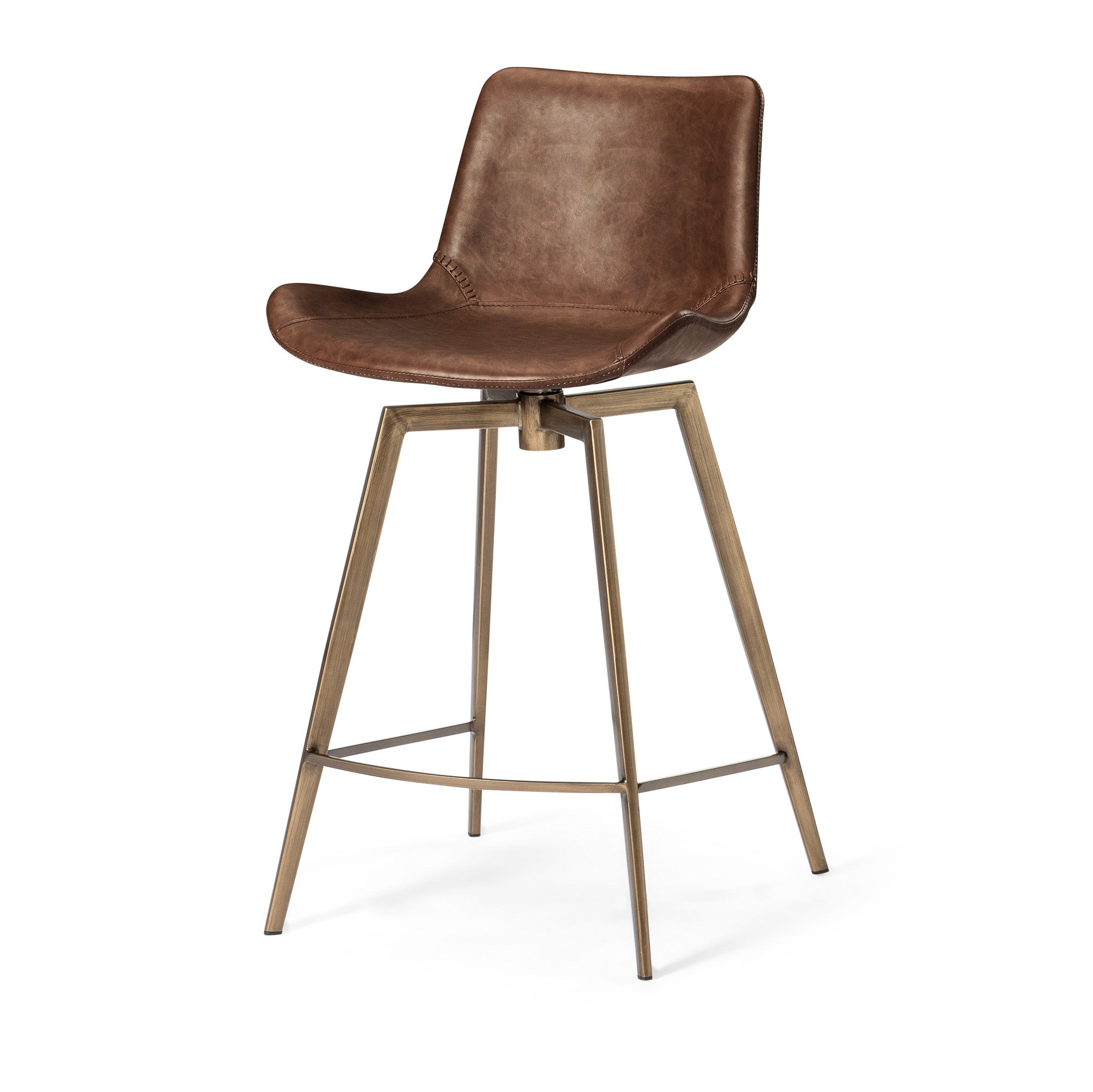 Victor Counter Stool in Aged Gold Finish with Brown Faux Leather in Stools by Maven Lane