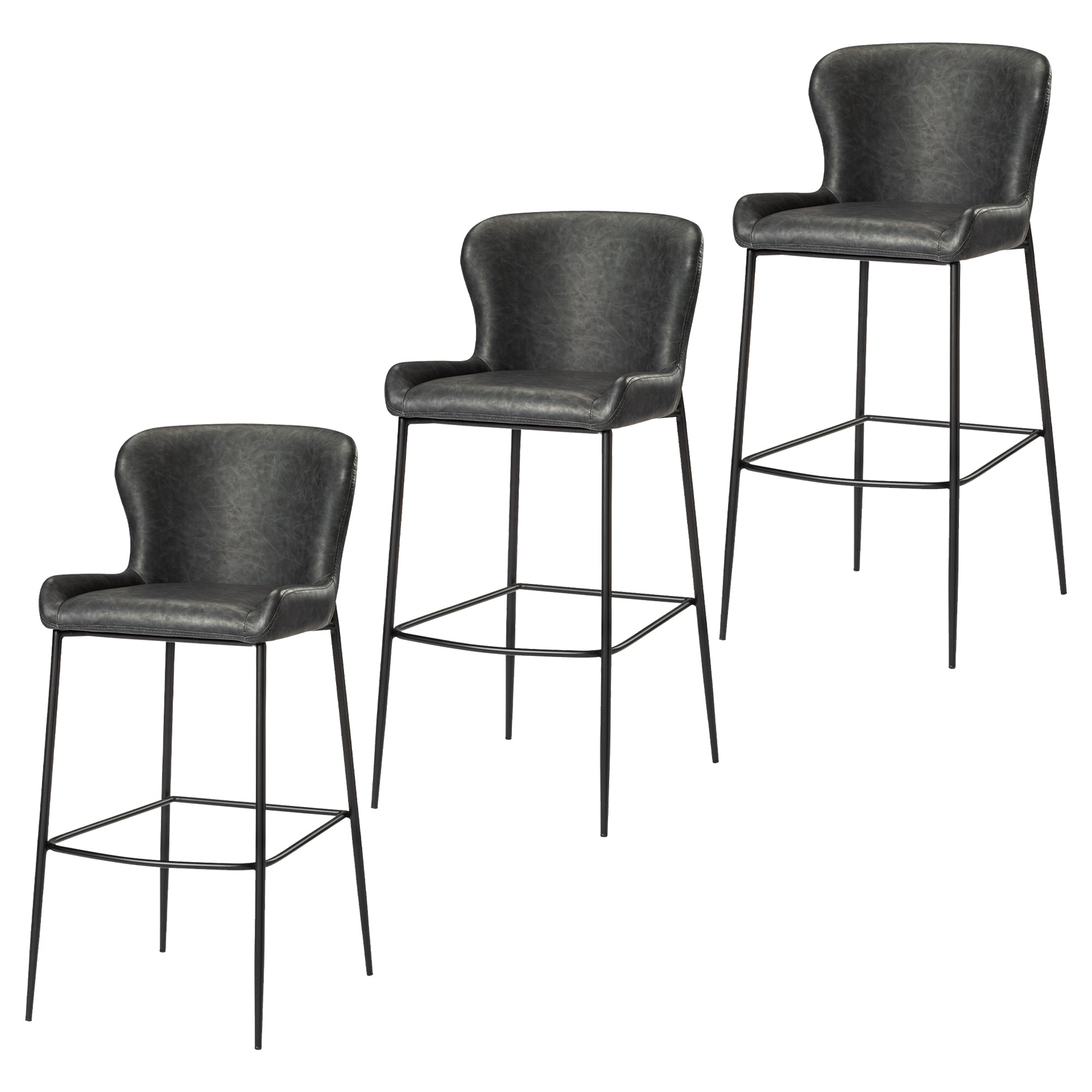 31" Naomi Bar Stool in Black Finish with Dark Grey Faux Leather (Set of 3) in Stools by Maven Lane