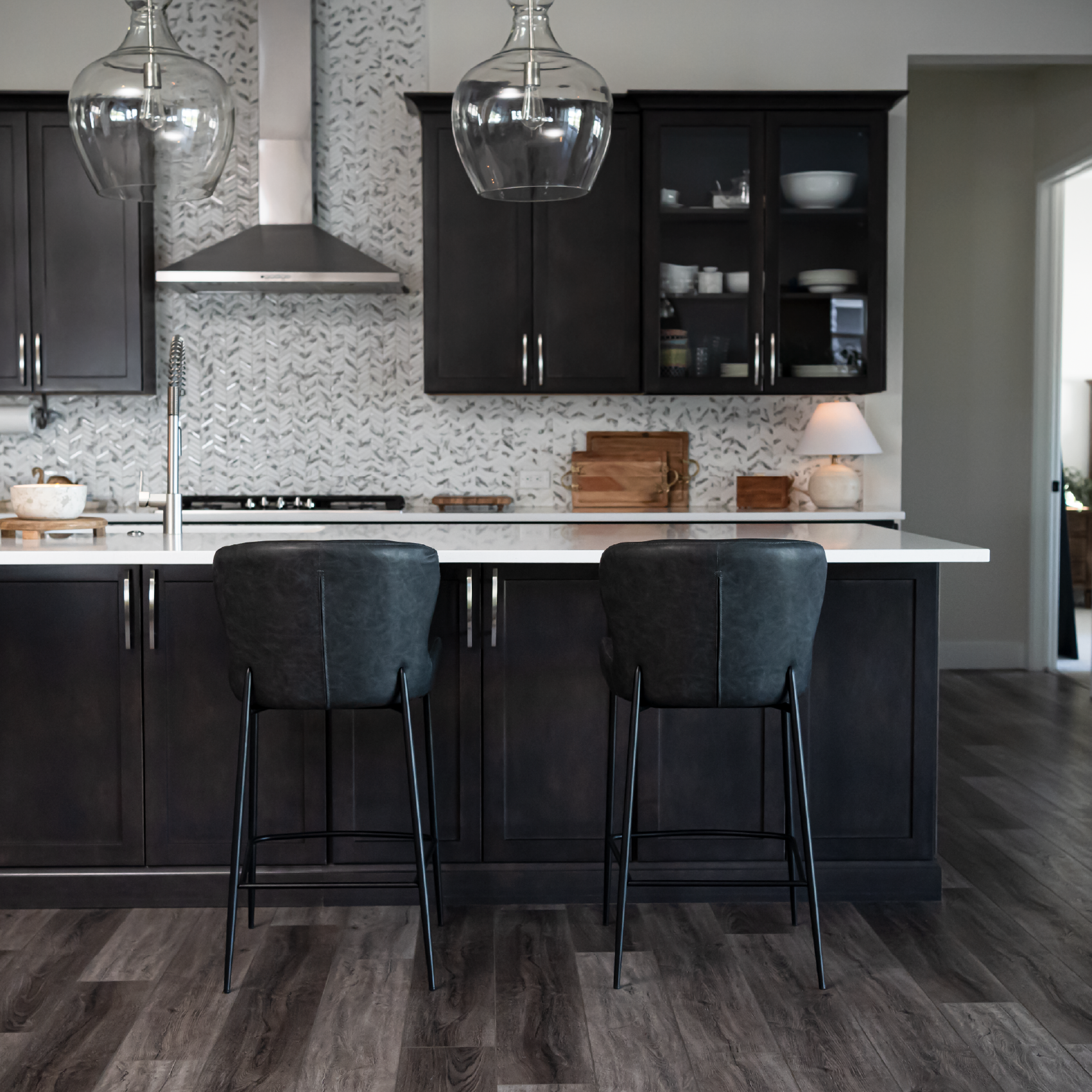 26" Naomi Counter Stool in Black Finish with Dark Grey Faux Leather in Stools by Maven Lane