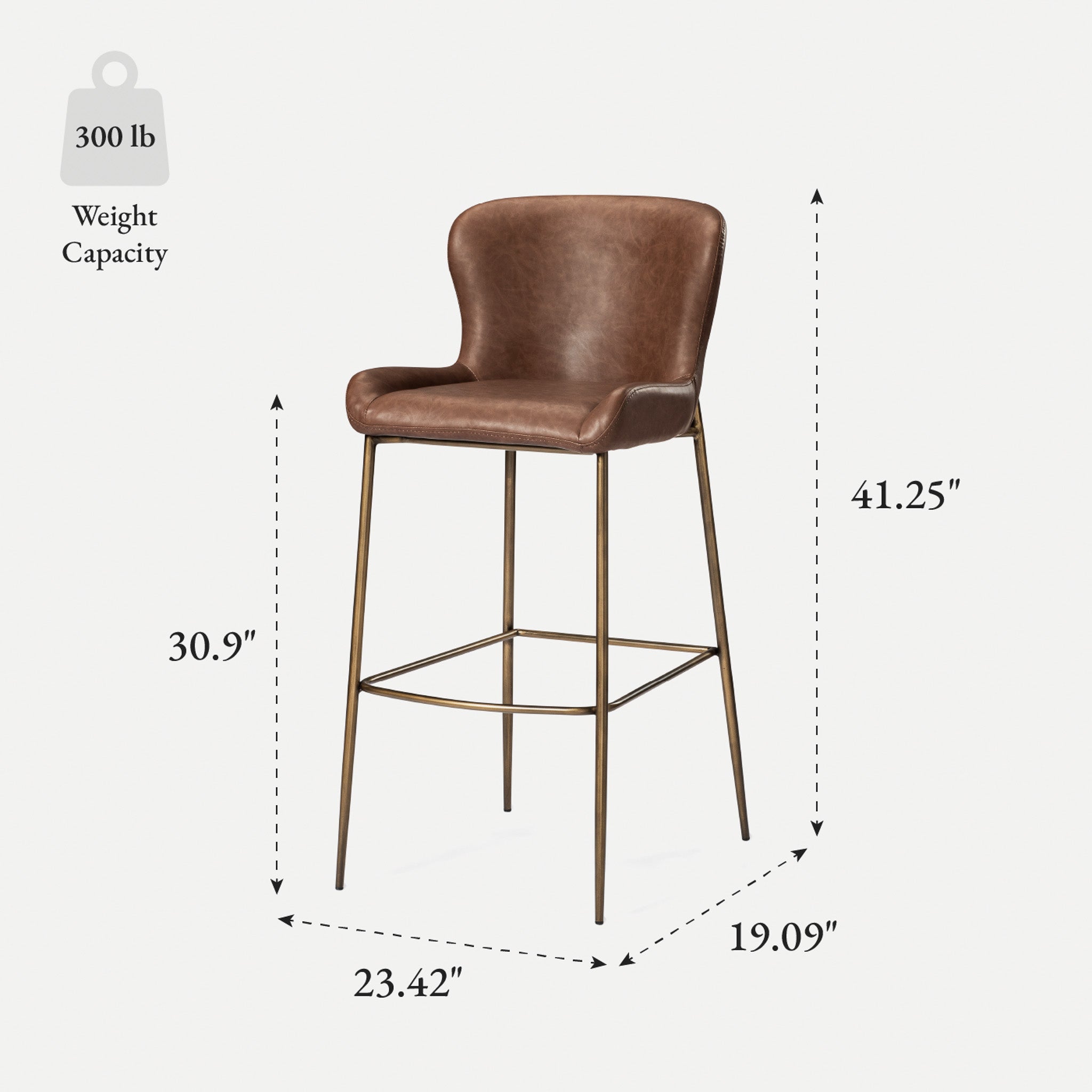 31" Naomi Bar Stool in Aged Gold Finish with Brown Faux Leather Upholstery in Stools by Maven Lane