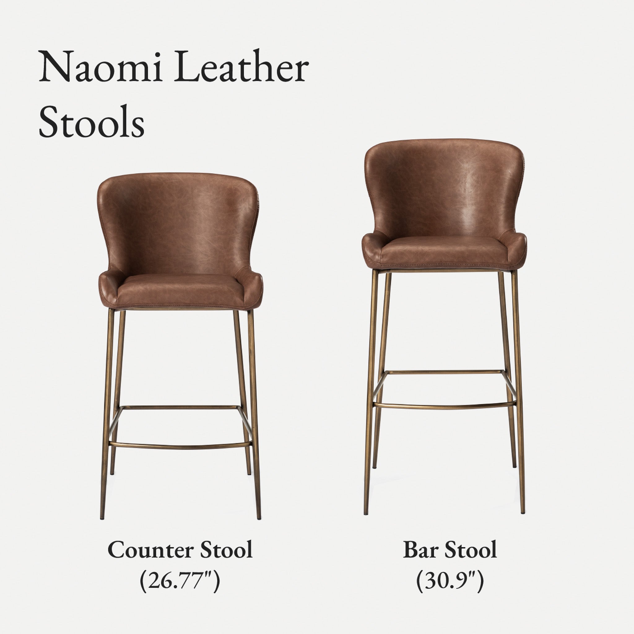 31" Naomi Bar Stool in Aged Gold Finish with Brown Faux Leather Upholstery in Stools by Maven Lane