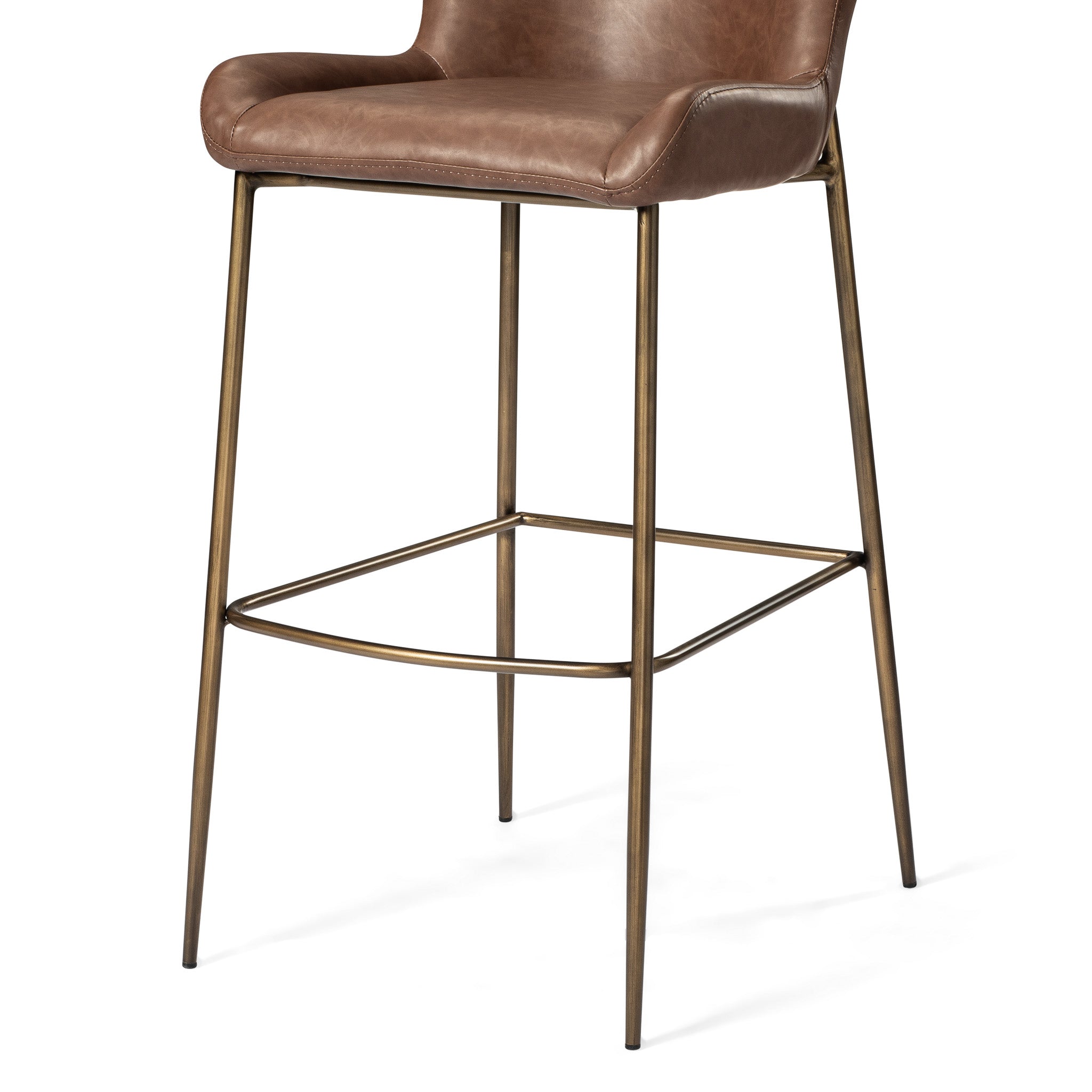 31" Naomi Bar Stool in Aged Gold Finish with Brown Faux Leather Upholstery in Stools by Maven Lane
