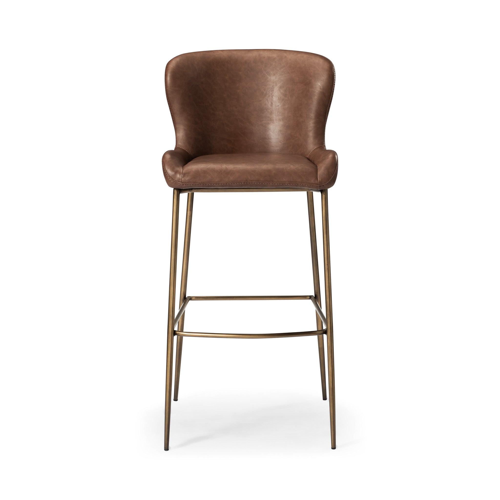 31" Naomi Bar Stool in Aged Gold Finish with Brown Faux Leather Upholstery in Stools by Maven Lane