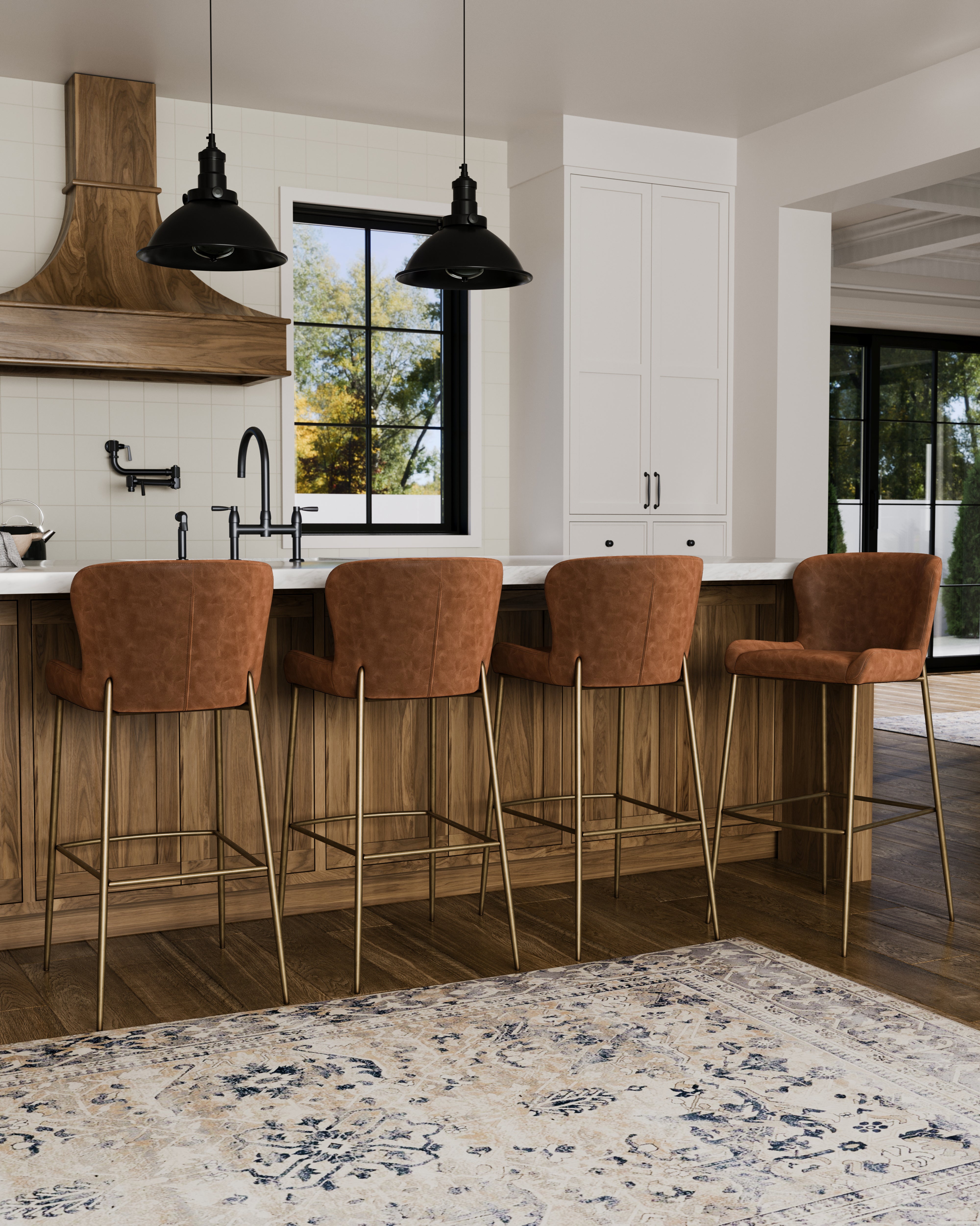 31" Naomi Bar Stool in Antique Brass Finish with Cocoa Brown Vegan Leather Upholstery in Maven Lane by Maven Lane