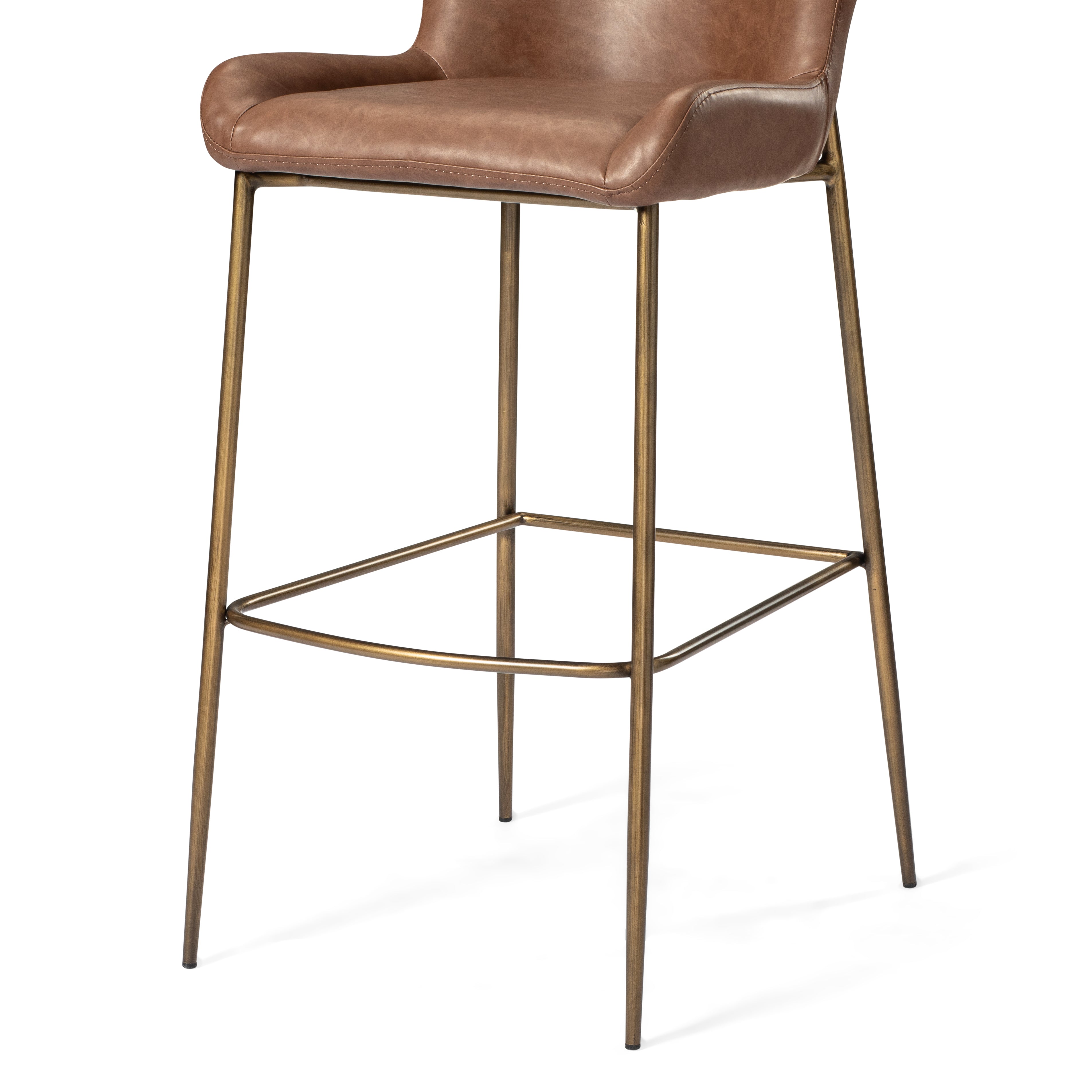 31" Naomi Bar Stool in Antique Brass Finish with Cocoa Brown Vegan Leather Upholstery in Maven Lane by Maven Lane