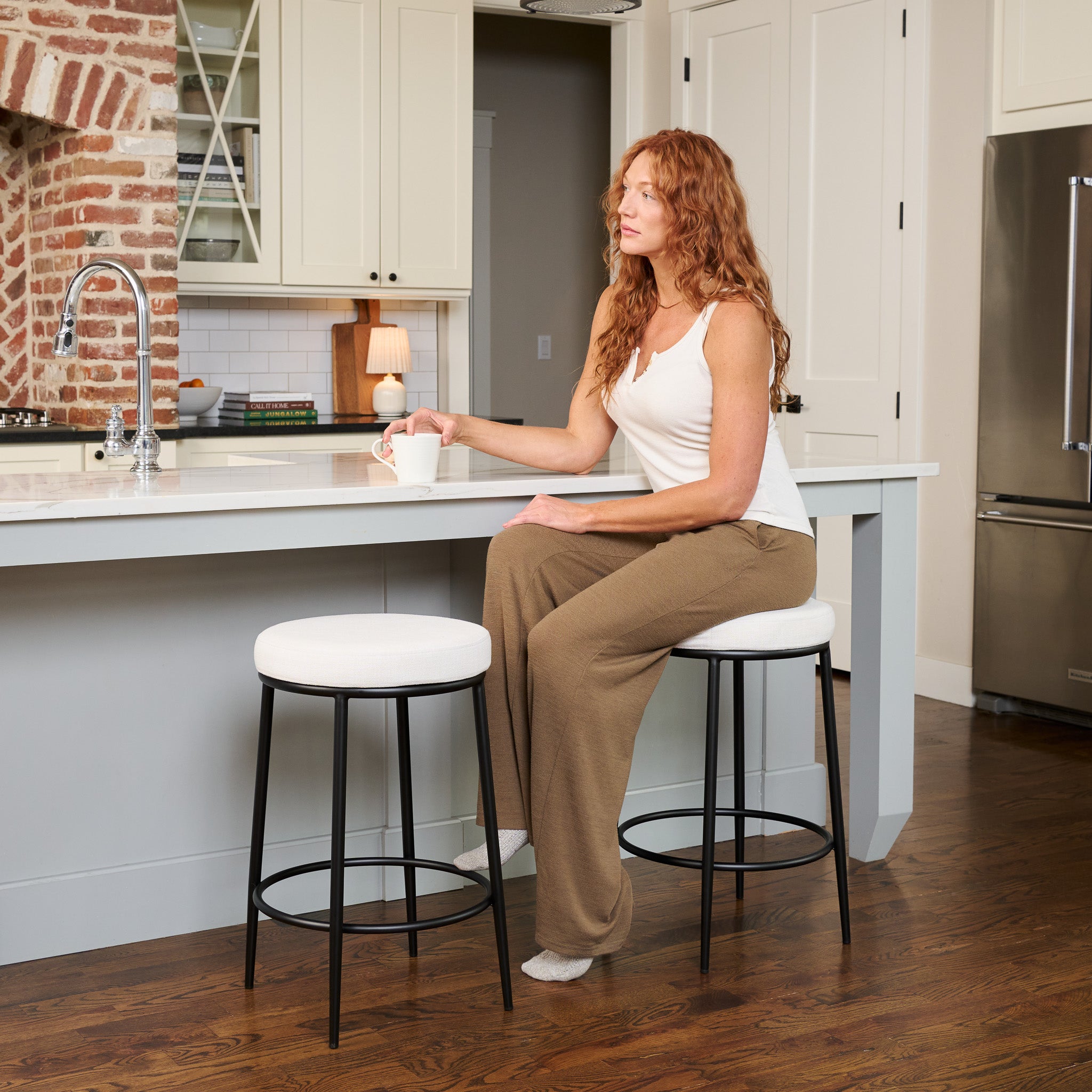 Stella Counter Stool in Black Finish with White Fabric in Stools by Maven Lane