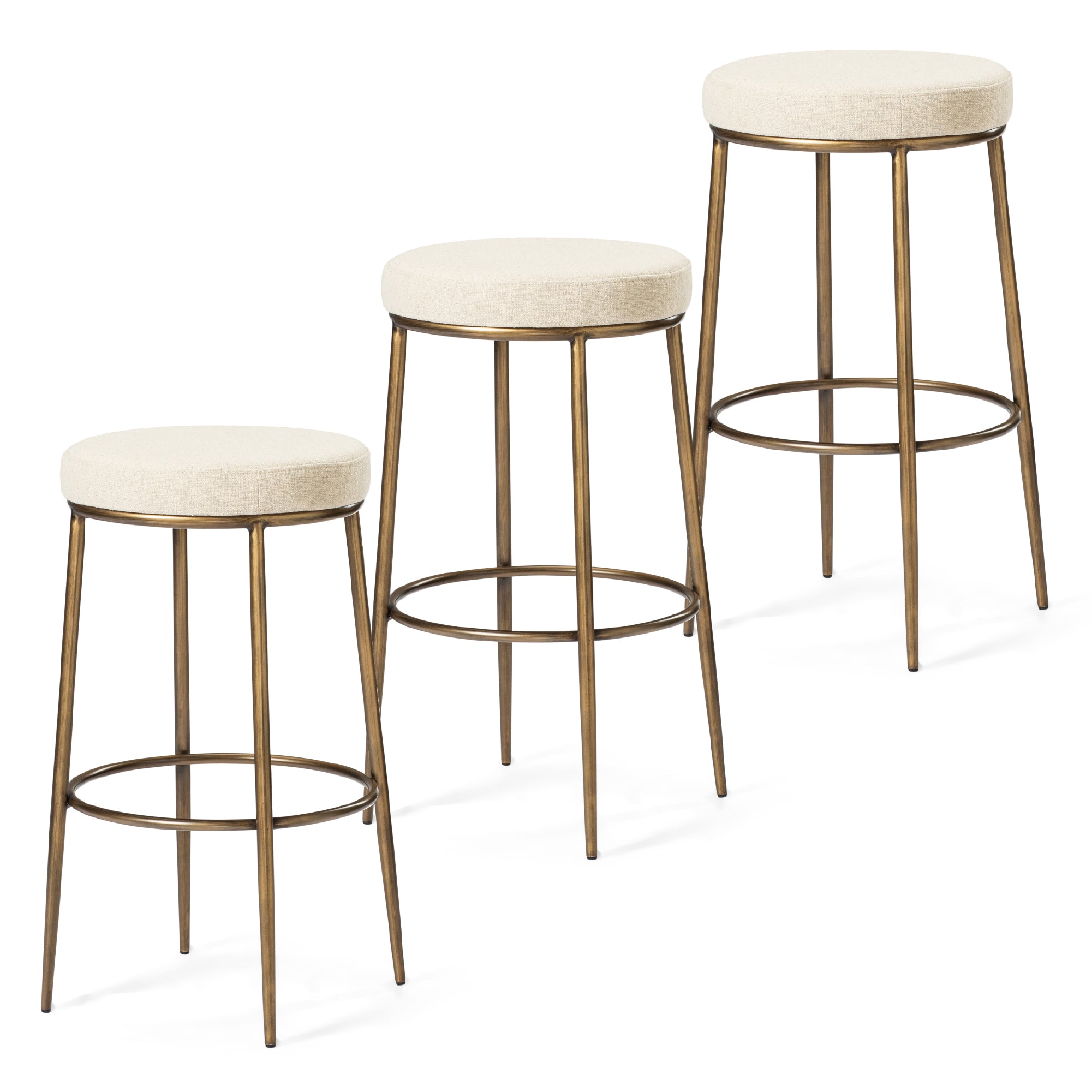 31" Stella Bar Stool in Aged Gold Finish with Beige Fabric (Set of 3) in Stools by Maven Lane