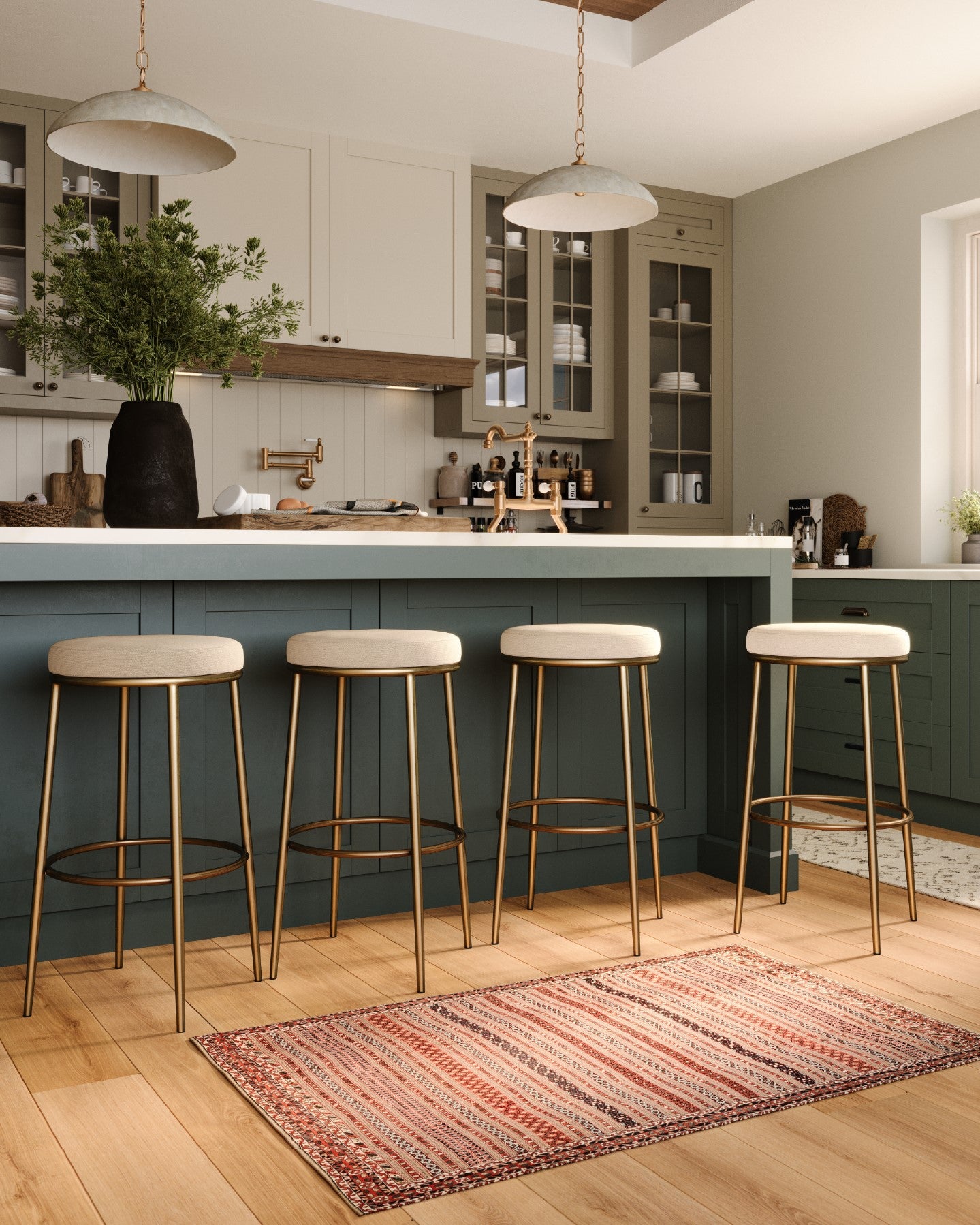 31" Stella Bar Stool in Aged Gold Finish with Beige Fabric Upholstery in Stools by Maven Lane