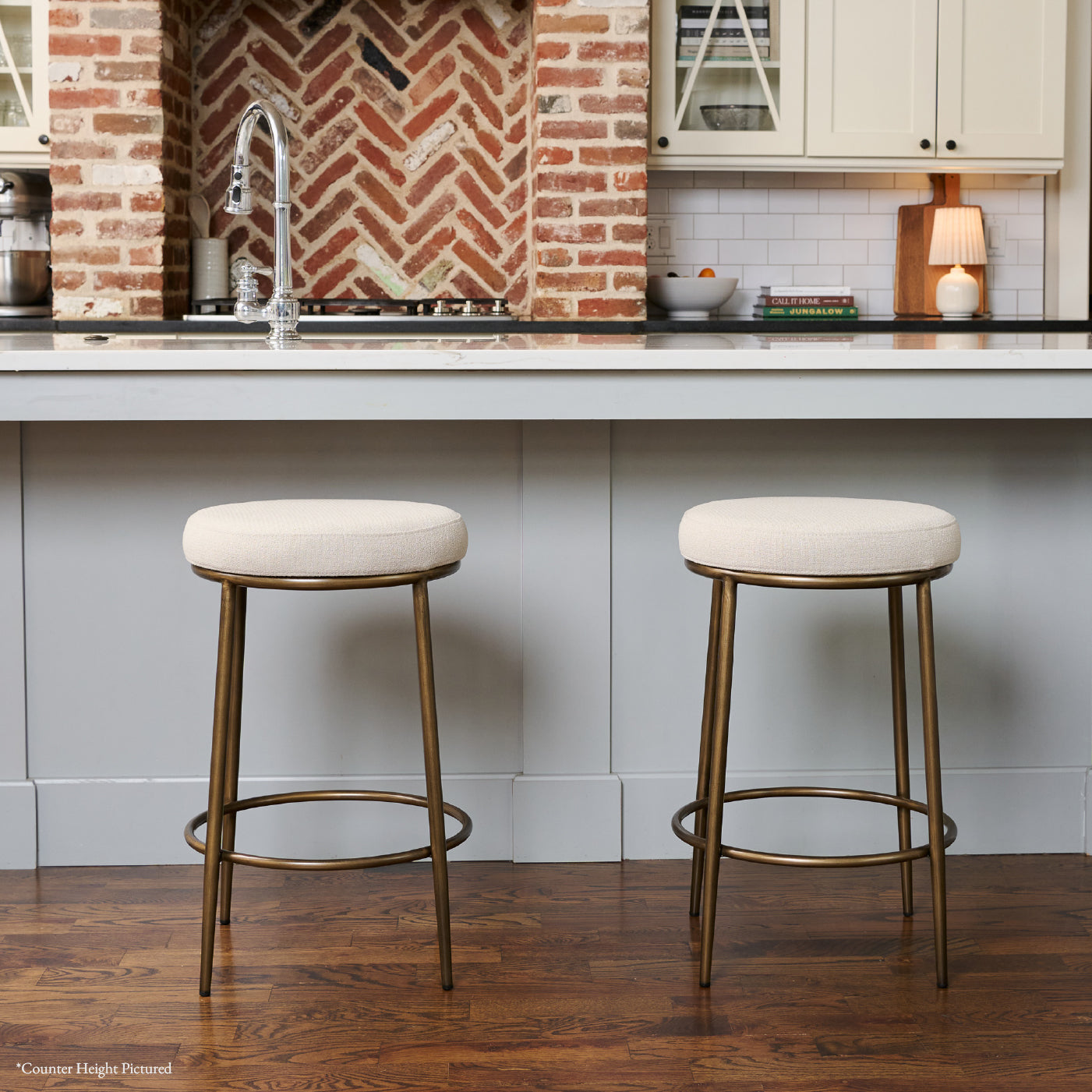 Stella Bar Stool in Aged Gold Finish with Beige Fabric in Stools by Maven Lane