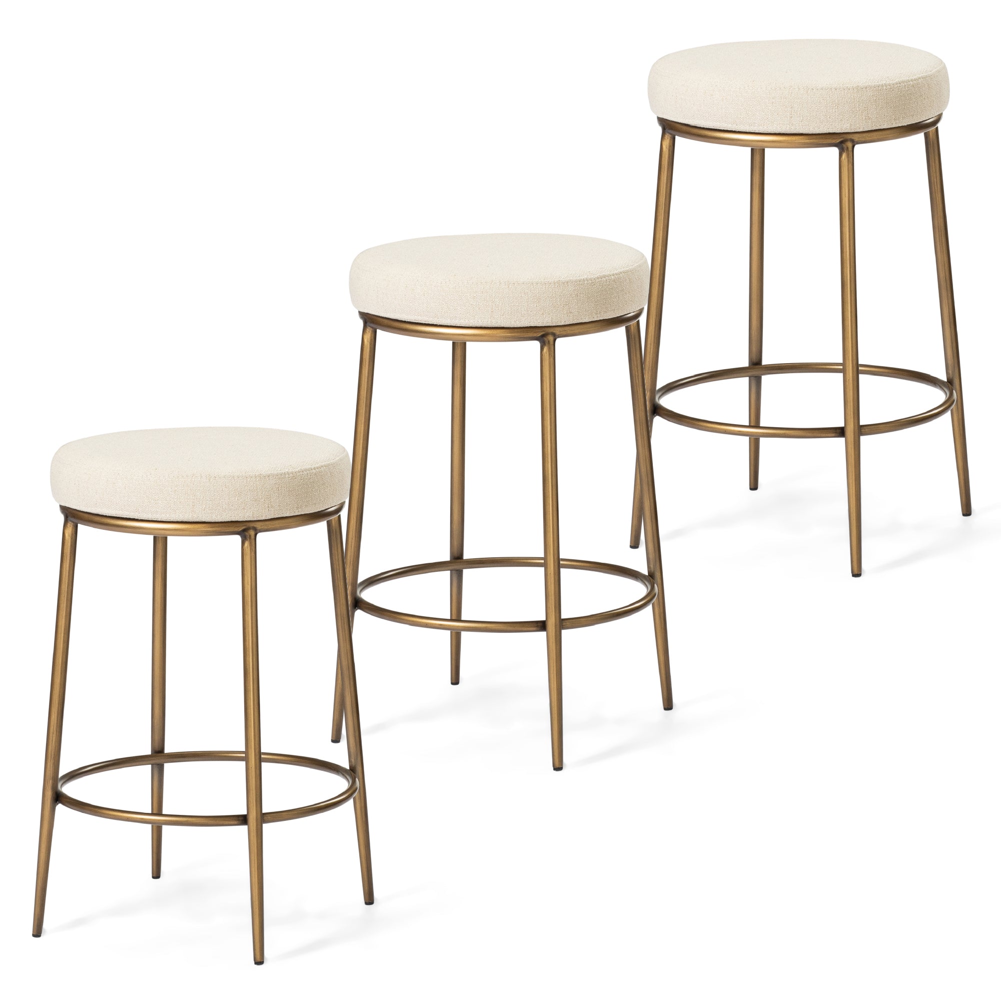 26" Stella Counter Stool in Aged Gold Finish with Beige Fabric (Set of 3) in Stools by Maven Lane