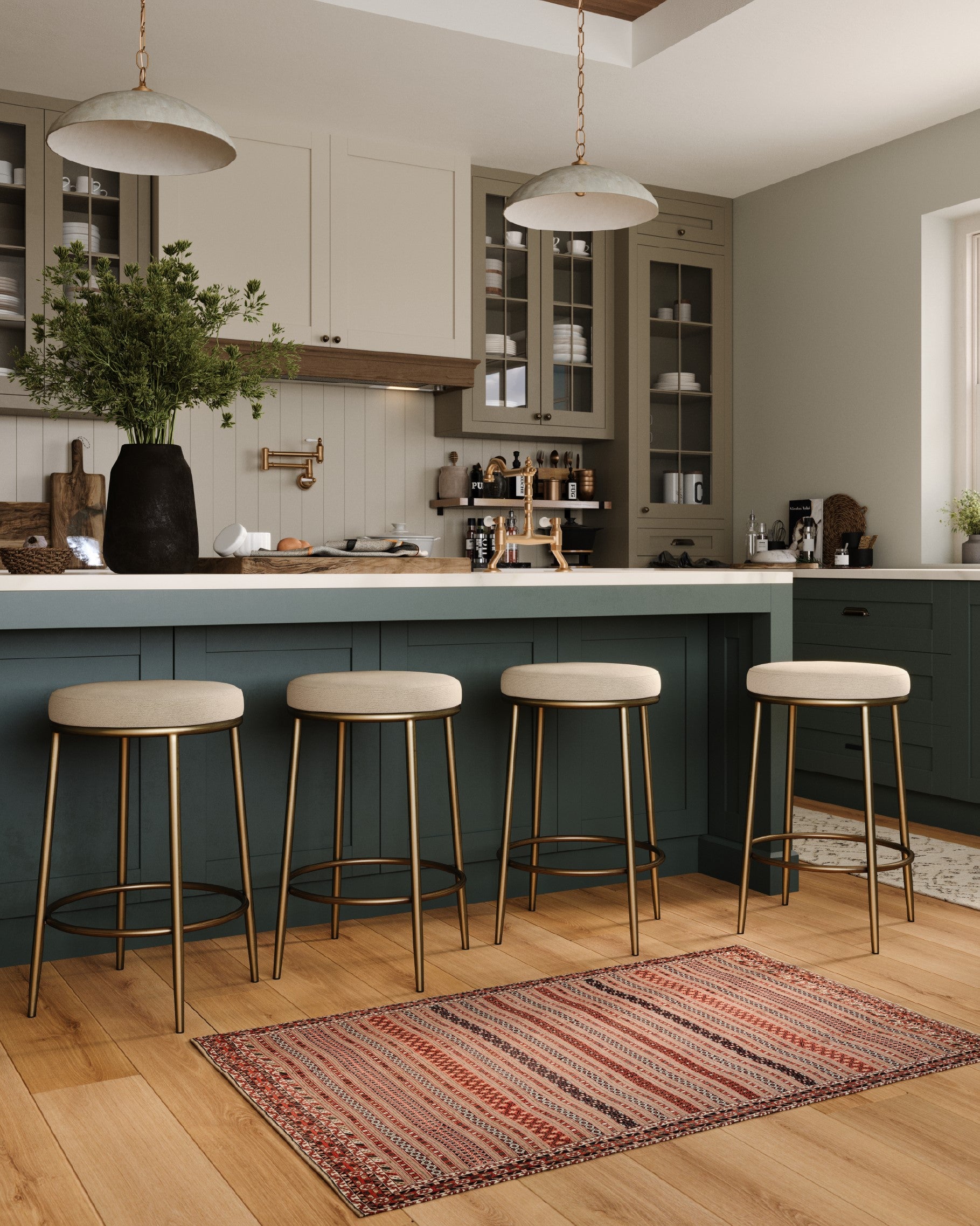 26" Stella Counter Stool in Aged Gold Finish with Beige Fabric Upholstery in Stools by Maven Lane