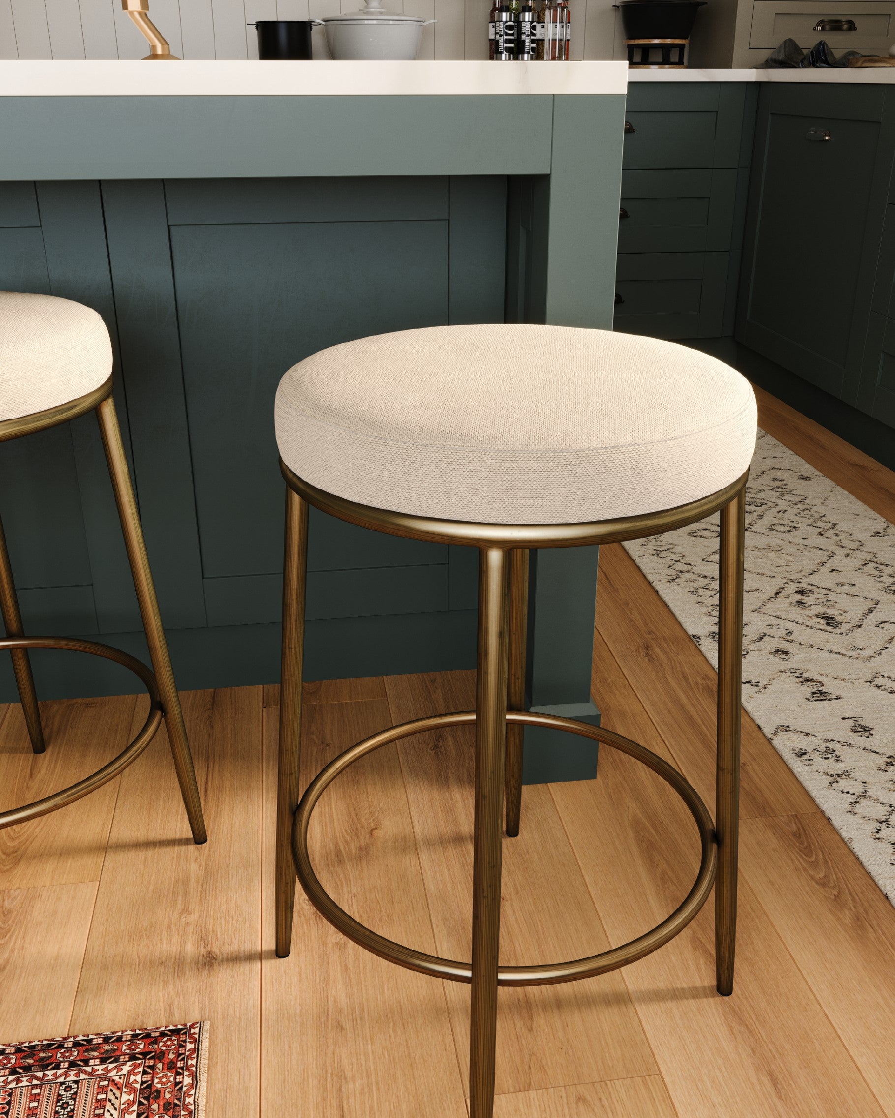 26" Stella Counter Stool in Aged Gold Finish with Beige Fabric Upholstery in Stools by Maven Lane