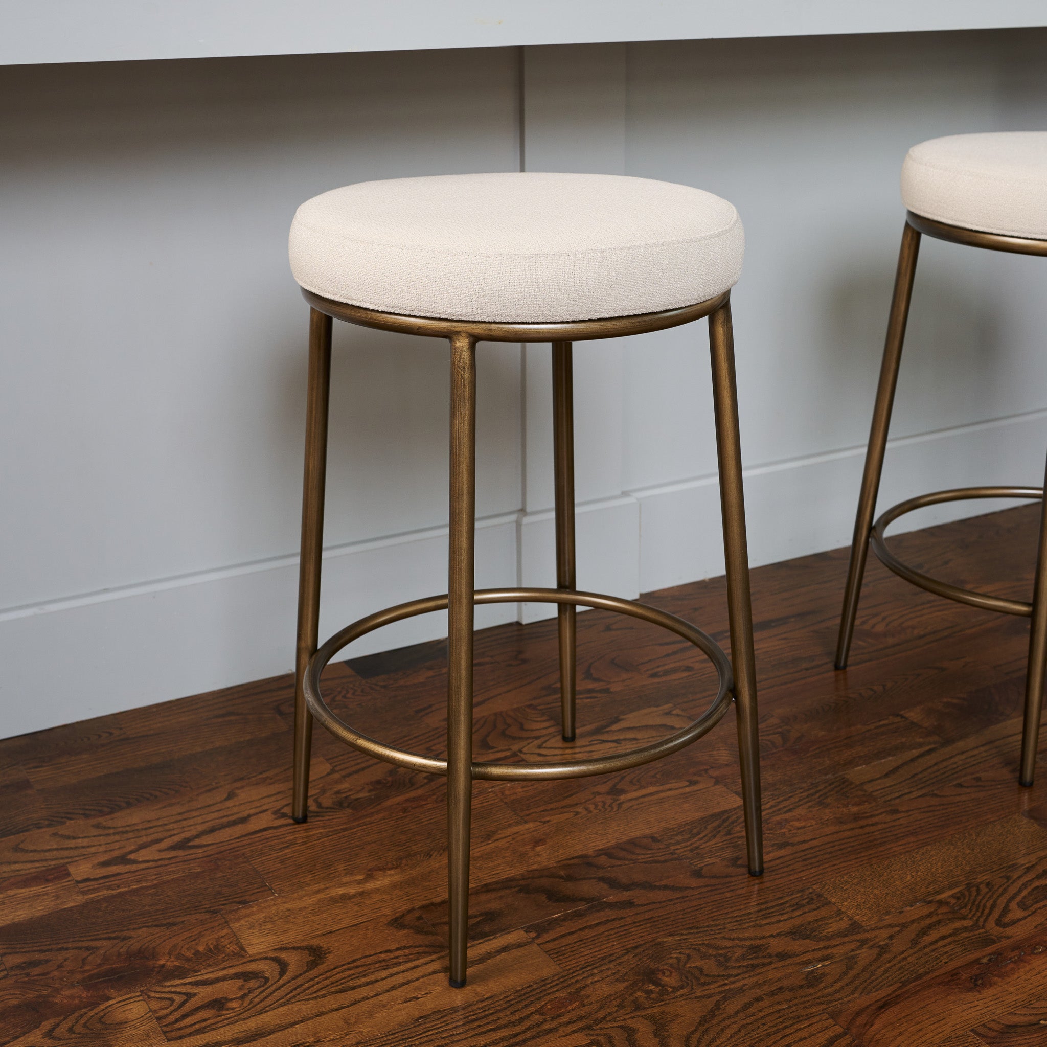 Stella Counter Stool in Aged Gold Finish with Beige Fabric in Stools by Maven Lane
