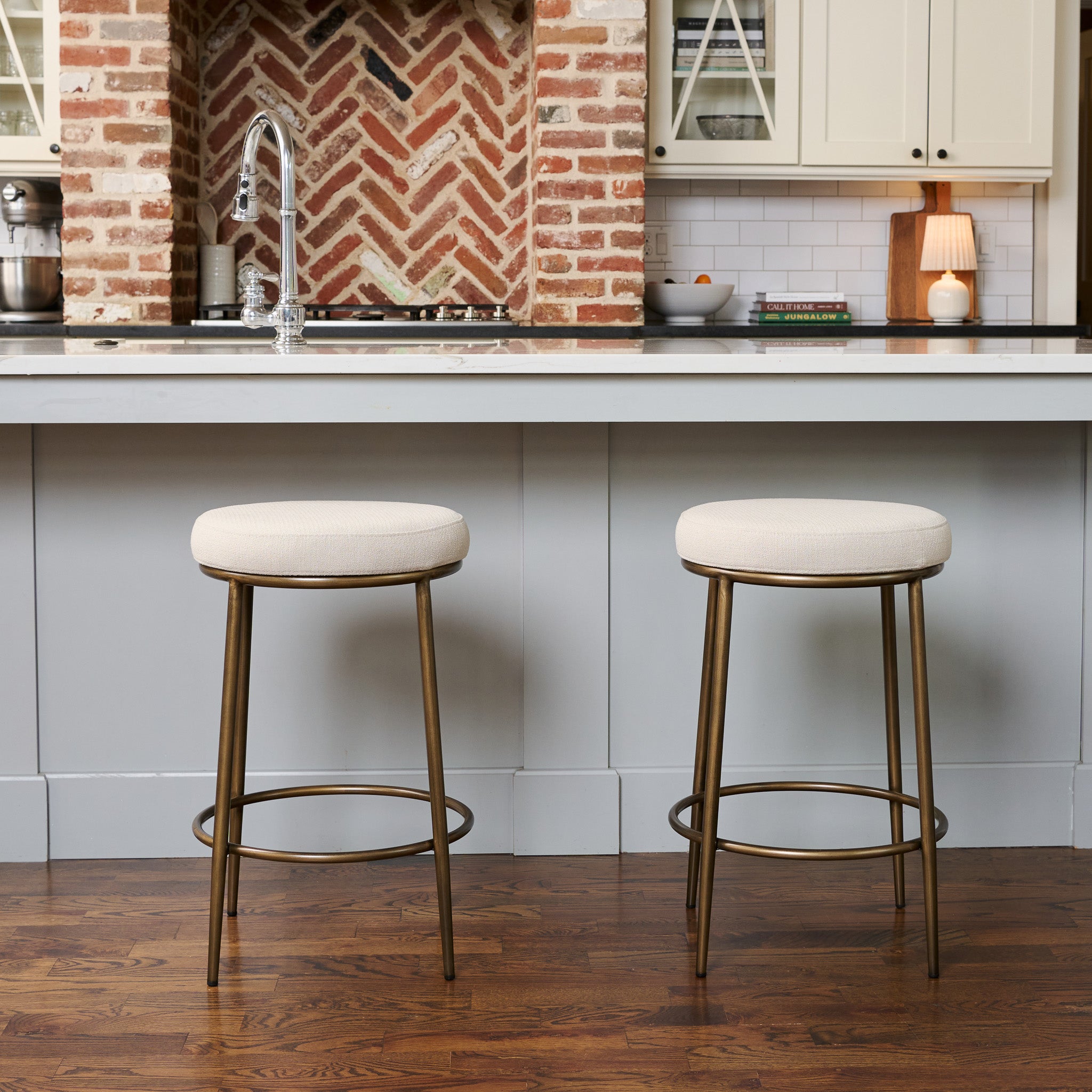 26" Stella Counter Stool in Aged Gold Finish with Beige Fabric in Stools by Maven Lane