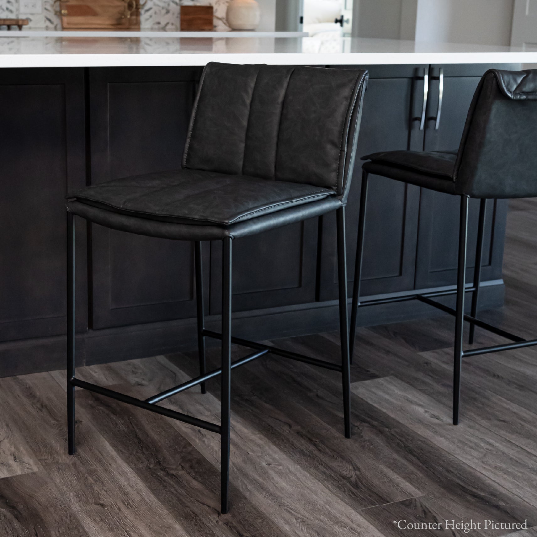 29" Gerard Bar Stool in Black Finish with Dark Grey Faux Leather in Stools by Maven Lane
